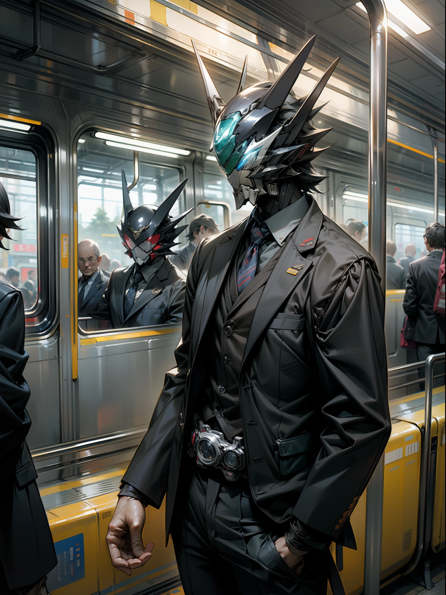 Kamen Rider、Commuting by train、Salaryman Rider、Suit Wear、Trem lotado、Strap caught、