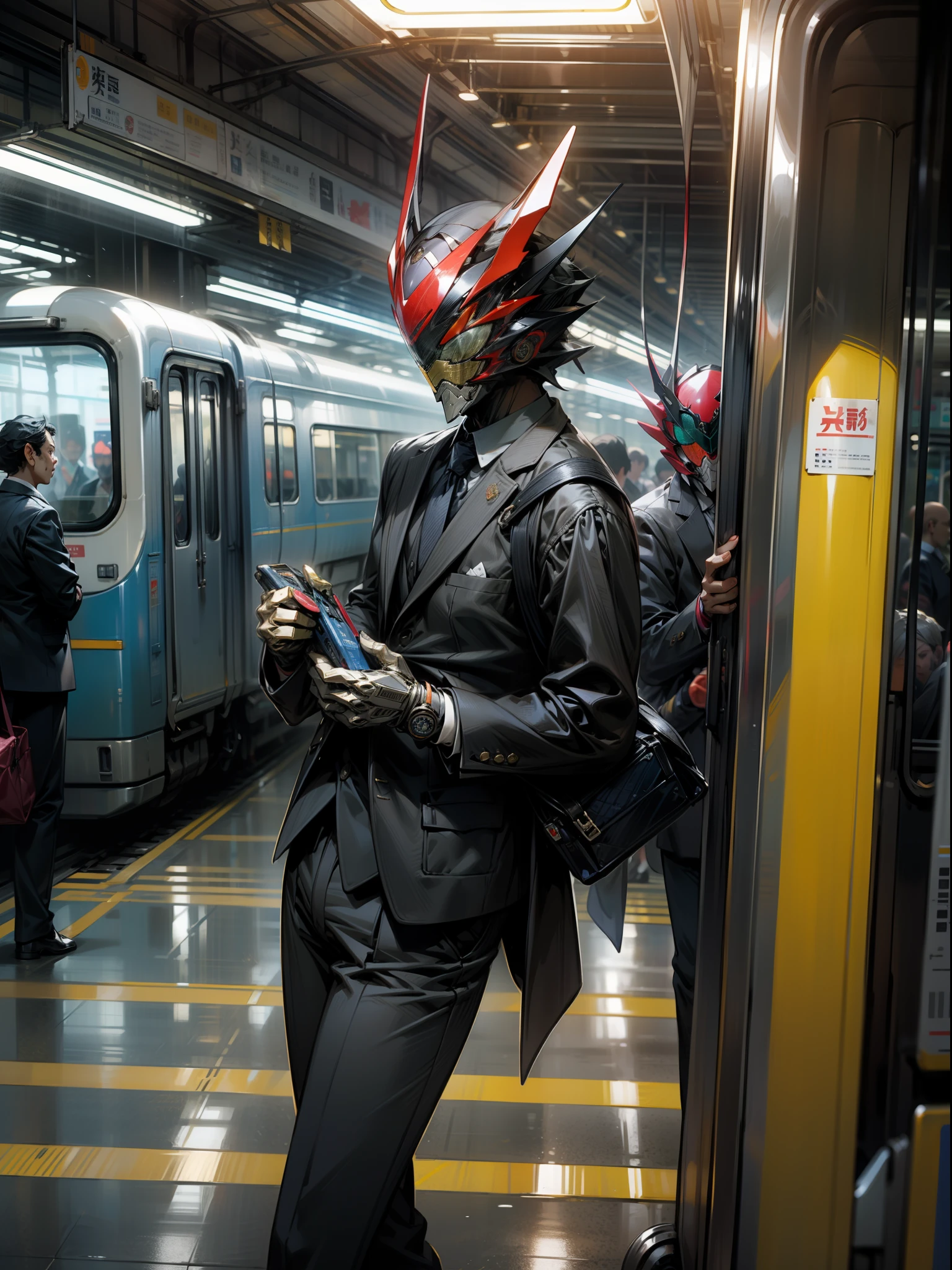 Kamen Rider、Commuting by train、Salaryman Rider、Suit Wear、Trem lotado、Strap caught、