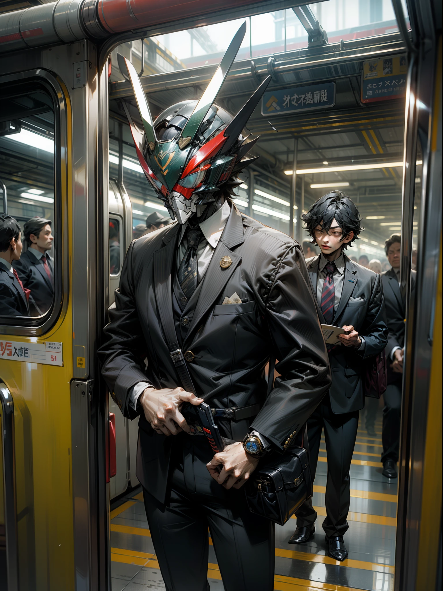 Kamen Rider、Commuting by train、Salaryman Rider、Suit Wear、Trem lotado、Strap caught、