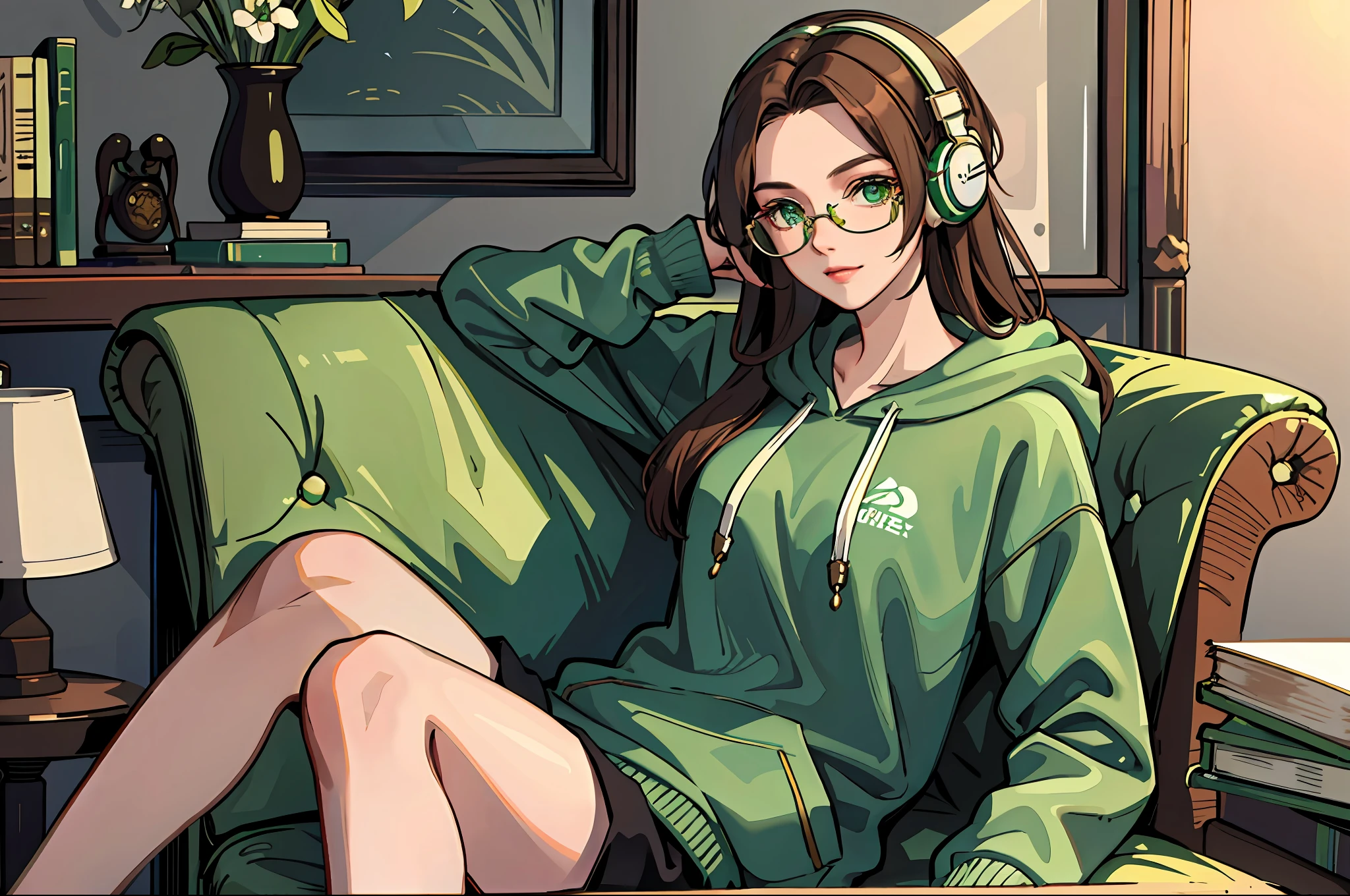 (masterpiece:1.2, best quality), (1lady, solo:1.2), brown hair, long hair, glasses, green eyes, headphone, green hoodie, room