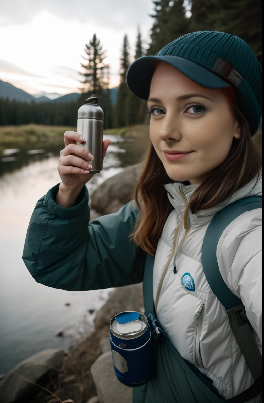 arafed woman holding a can of water and a camera, holding flask in hand, environmental portrait, holding a can of beer, holding a bottle, holding a drink, detailed portrait shot, scenic full shot, by Jakob Gauermann, holding a tin can, high quality portrait, 8k selfie photograph, photo 85mm, photo still, official product photo