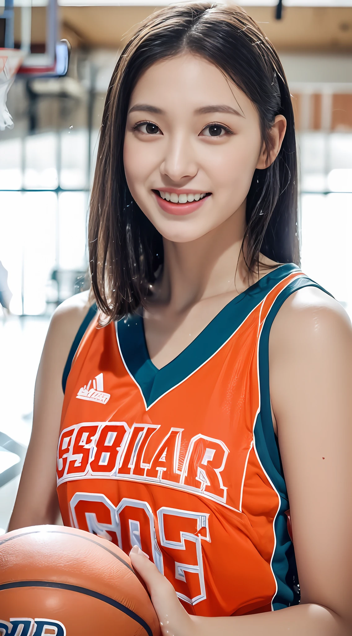 (4K、top-quality)、(realisitic、Photorealsitic)、
1girl in、独奏、(full body Esbian:1.5)、Basketball Uniforms、Indoor basketball court、Shorthair、(wetting hair:1.5)、(Sweat on the face:1.2)、A smile、
perfect hand、finerly detailed face、20yr old、