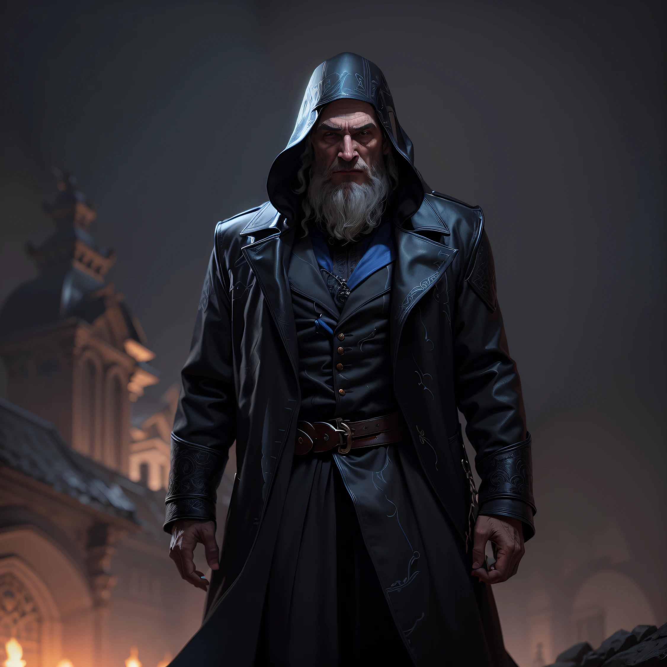 Ultra-detailed complex 3D rendering of a medieval magician, (((um homem idoso))) roupas pretas, hood on head, baba branca, cabelo branco, (((Usando um overcoat preto))), roupa totalmente negra, atmosfera dark, olhando para a camera, de frente para a camera, 150mm, Anel luminoso, detalhes vibrantes, divino, renda, hiper-realista, anatomic, facial muscles, octane rendering, 8k, melhor qualidade, obra-prima, extremamente detalhado, CG, unidade, papel de parede, (realista, fotorrealista: 1,37), Awesome, finamente detalhe, obra-prima, melhor qualidade, Arte Oficial, papel de parede 8k de unidade CG extremamente detalhado, Absurdo, incrivelmente Absurdo, (((Homem de 50 anos))), usando um capuz, cintura para cima