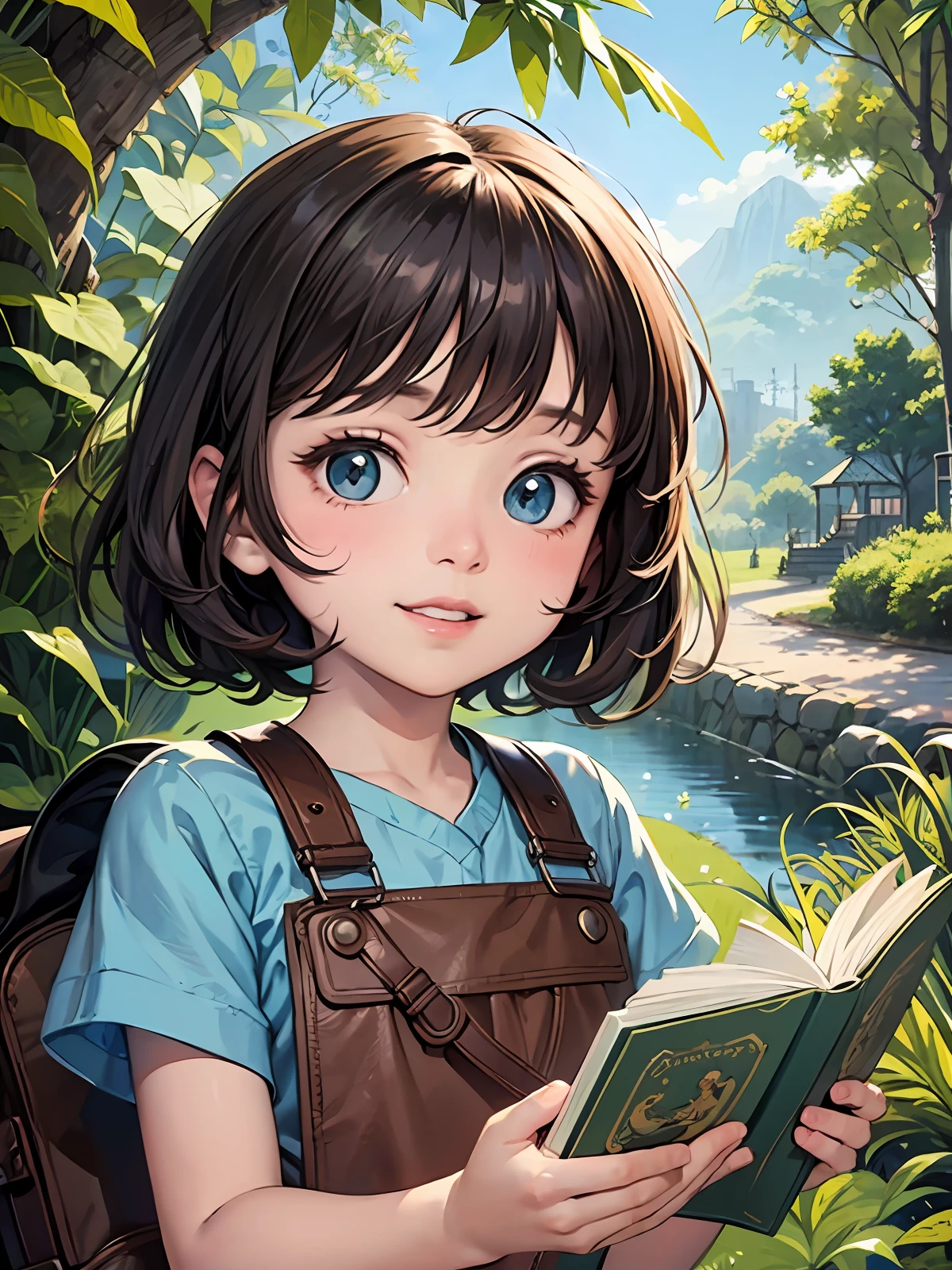 menina, olhos grandes, feliz, desenho animado , em pe no parque, blue skies, nuvens, arte infantil em artstation, cartoon style illustration, stylized digital illustration, arte estilizada do jogo, pintura digital de desenho animado, illustration for children, retrato de personagem pequena, illustration of children's book, arte digital detalhada bonito, lovely digital painting, arte de pintura digital de desenho animado, Concept art of single boy, official illustration, book cover illustration. 4k, menino sorridente ao lado de coruja, personagem de desenho animado, --auto --s2
