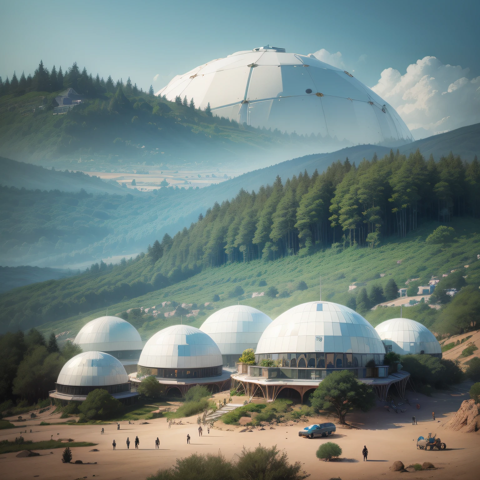 a close up of a hillside with several white domes on it, geodesic domes, domes, Glamping, geodesic, geodesic dome, geodesic architecture, Domespace, Vila Solarpunk, geodesic building, hexadomo, glass domes, Arrendajo em Avila Pinewood, Cantina Solarpunk, Ecovila