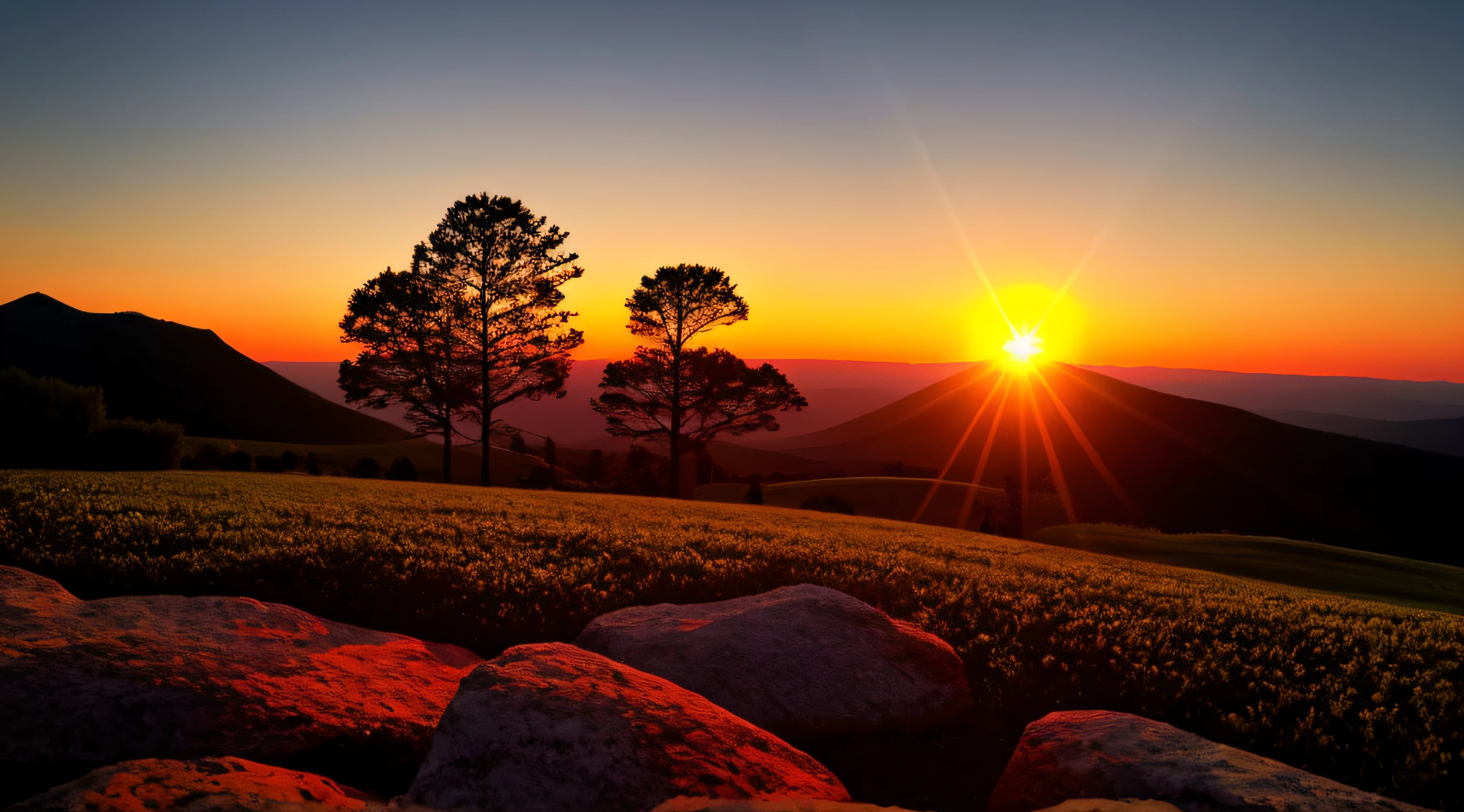 sun sunset, brilho da noite, vista distante, realista, cores ricas, lindo e colorido, lente grande angular, filming at night, filme positivo, estilo naturalista, High Definition Footage, montanhas