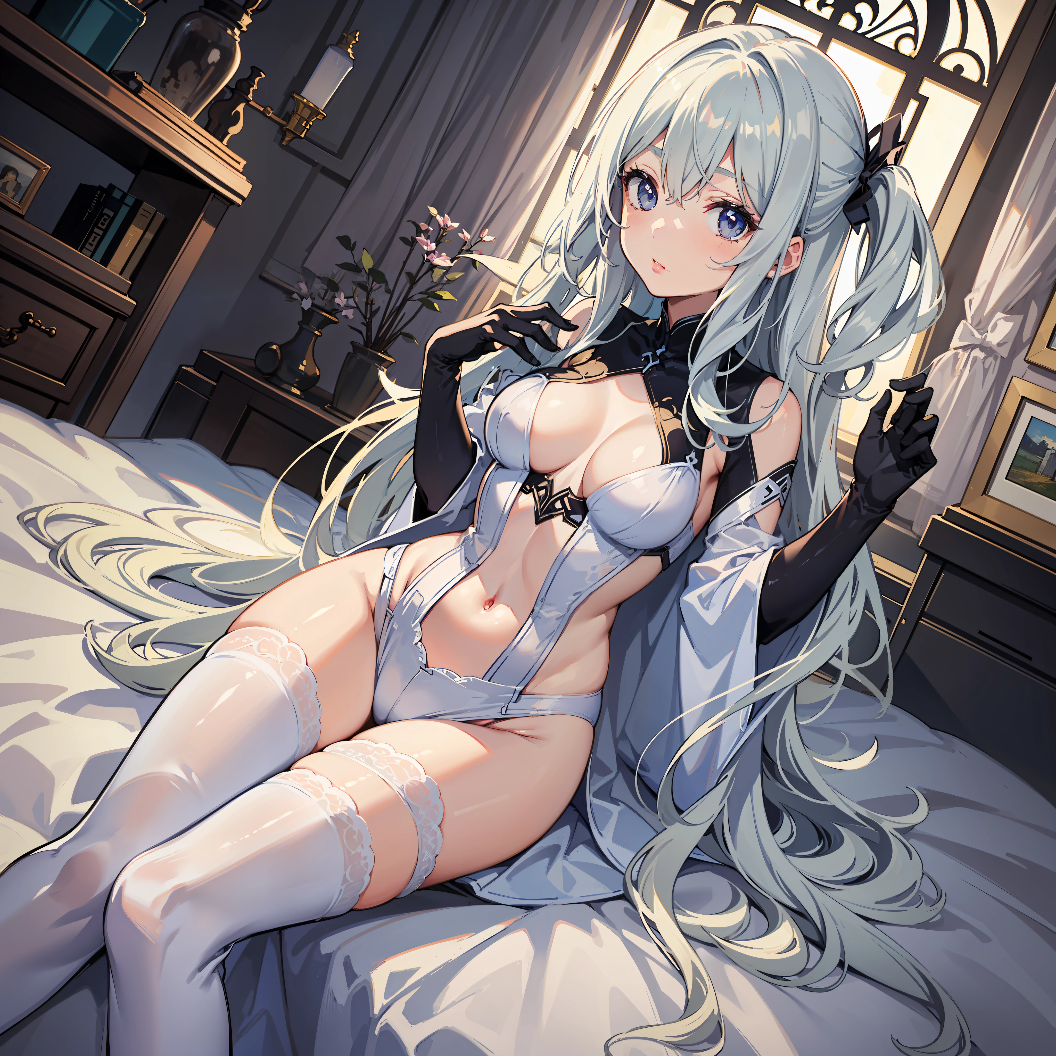 artwork of a:1.3), 8K, A age girl, The tones are pastel, long hair flowing, whaite hair, White skin of the, The figure is bumpy,Overlooking,Tall and tall, White knee-length stockings+, interior scenes, Lie down in bed, Raised sexy,High-slit cutout pajamas+,Separate the sleeves,with a simple background, The characters are rich in detail, Strong sense of light and shadow, Lovely atmosphere, ((artwork of a)), ((The tones are pastel)),((detail-rich)) ,Cute anime style, 8K,best qualtiy,with a simple background,cleavage,Protruding