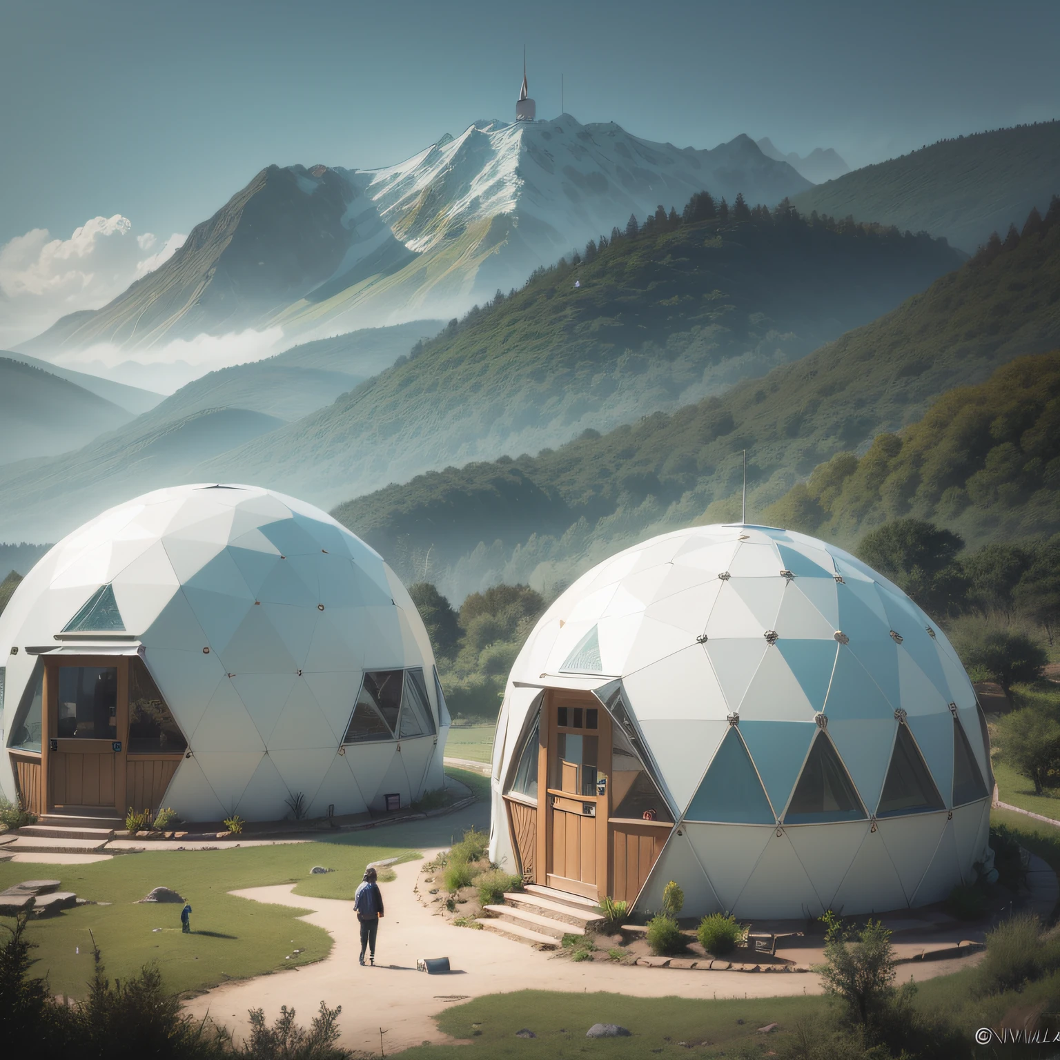 a close up of a hillside with several white domes on it, geodesic domes, domes, Glamping, geodesic, geodesic dome, geodesic architecture, Domespace, Vila Solarpunk, geodesic building, hexadomo, glass domes, Arrendajo em Avila Pinewood, Cantina Solarpunk, Ecovila