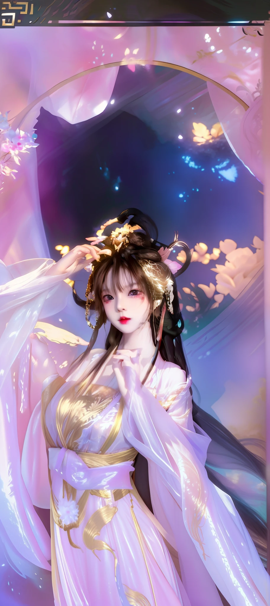 Anime girl posing in front of window in fairy tale costume, Fantasy art style, Guviz-style artwork, trending on cgstation, Inspired by Ai Xuan, a beautiful fantasy empress, astral fairy, xianxia fantasy, inspired by Park Hua, Anime fantasy illustration, Inspired by Fenghua Zhong, full-body xianxia, Guviz