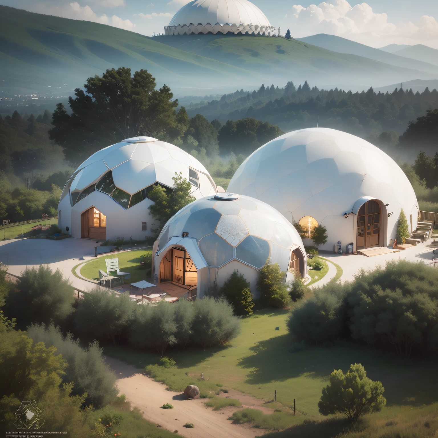 a close up of a hillside with several white domes on it, geodesic domes, domes, Glamping, geodesic, geodesic dome, geodesic architecture, Domespace, Vila Solarpunk, geodesic building, hexadomo, glass domes, Arrendajo em Avila Pinewood, Cantina Solarpunk, Ecovila