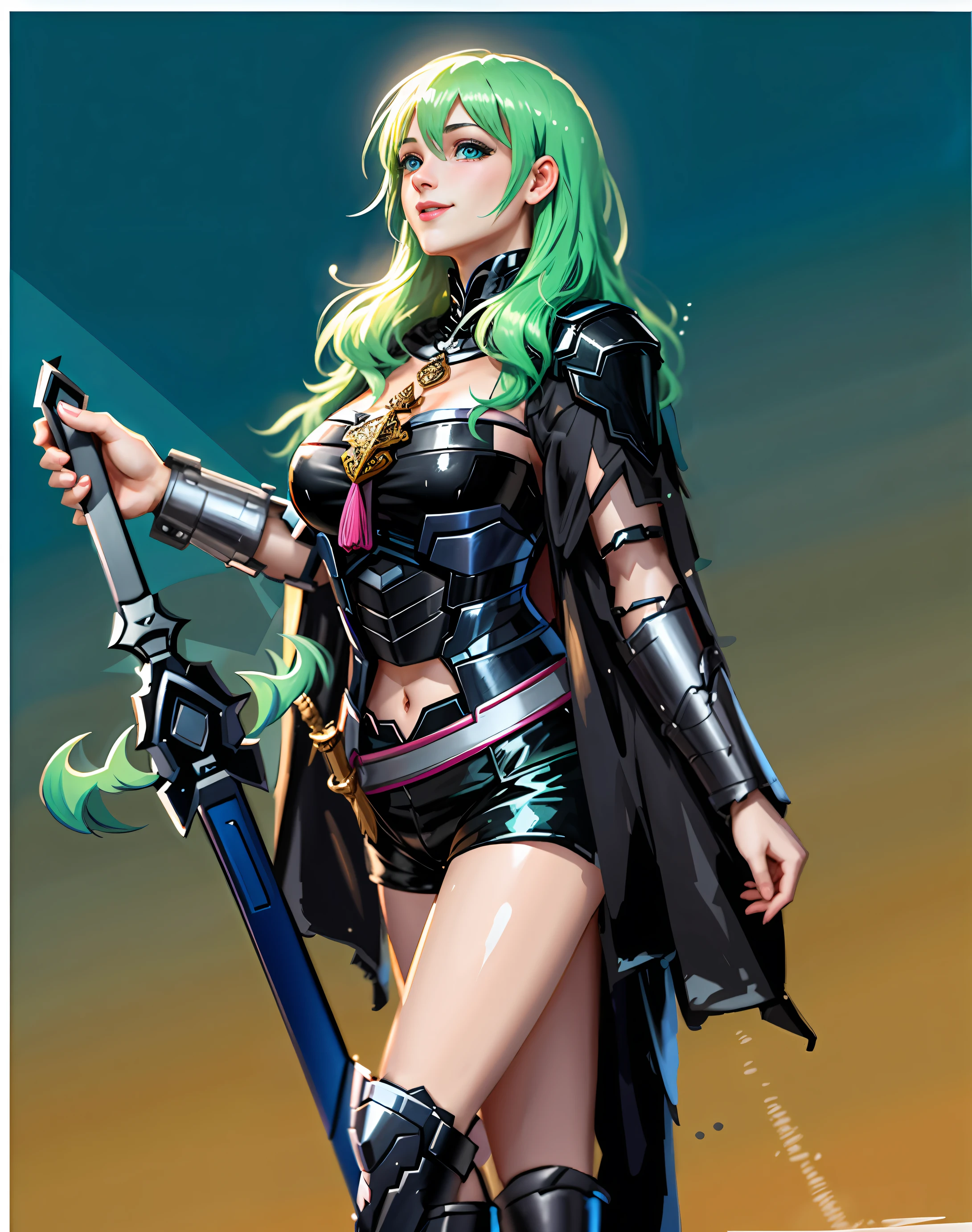 masterpiece, best quality, fembyleth, light green hair, green eyes, detached collar, black cape, black crop top, breastplate, tassel, belt, short shorts, gauntlets, portrait, smiling, open eyes, holding sword,