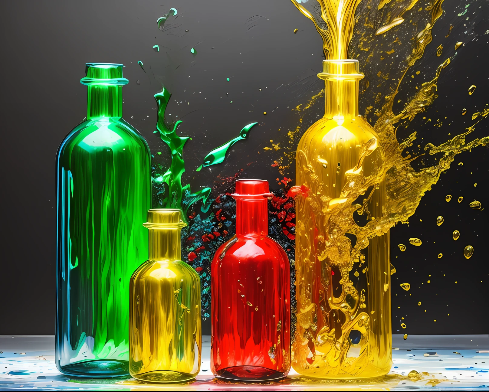 masterpiece, best quality, art by acrylic pouring, realistic, 8k, hdr, unreal, glass bottle in red and blue and yellow and green acrylic pouring, dark background, Water on the floor