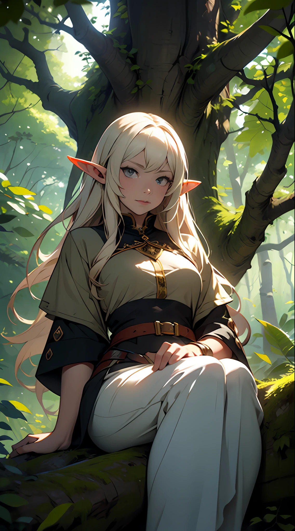 ln the forest,A female elf sits under a large tree,Gaze into the camera, --auto