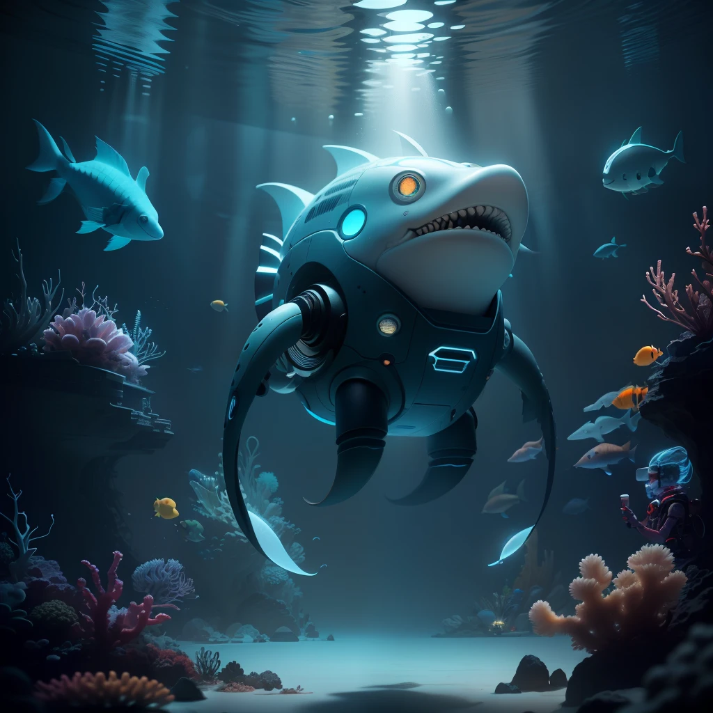 A futuristic underwater research facility with advanced technology, robotic assistants, and a team of scientists studying the mysteries of the deep sea. In the distance, a colossal squid can be seen gliding past the observation window, while schools of bioluminescent fish swim by.,((best quality)), ((masterpiece)), (detailed), (full body:1.2), chibi, Cute, 3D, studio lighting, minimal, Depth of field, dribbble, Behance, quasi-object, 16K, (beautiful detailed face), (beautiful detailed eyes),