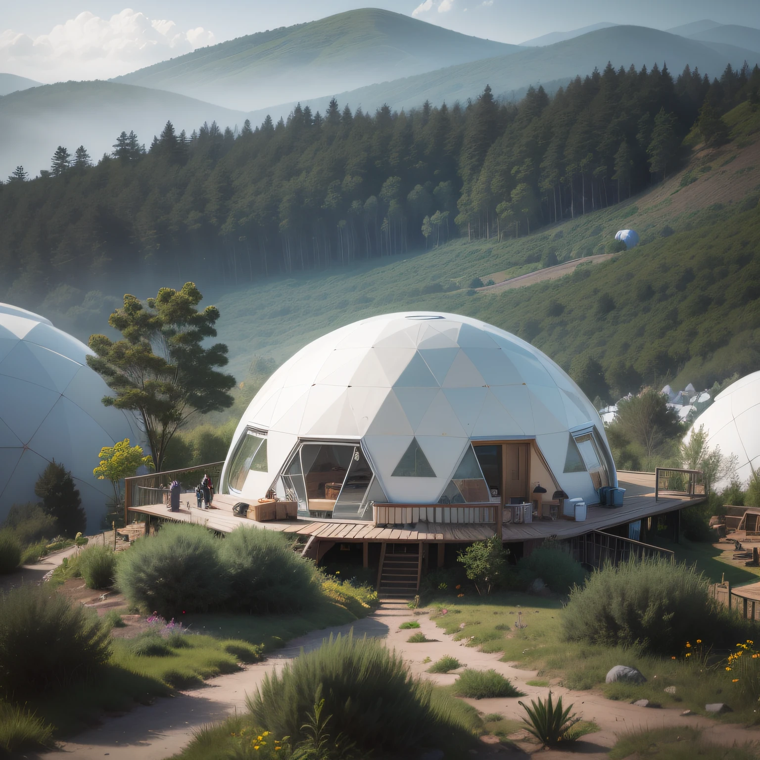 a closeup of a hillside with several small white domes on it, geodesic domes, domes, Glamping, geodesic, geodesic dome, geodesic architecture, Domespace, Vila Solarpunk, geodesic building, hexadomo, glass domes, Arrendajo em Avila Pinewood, Cantina Solarpunk, Ecovila