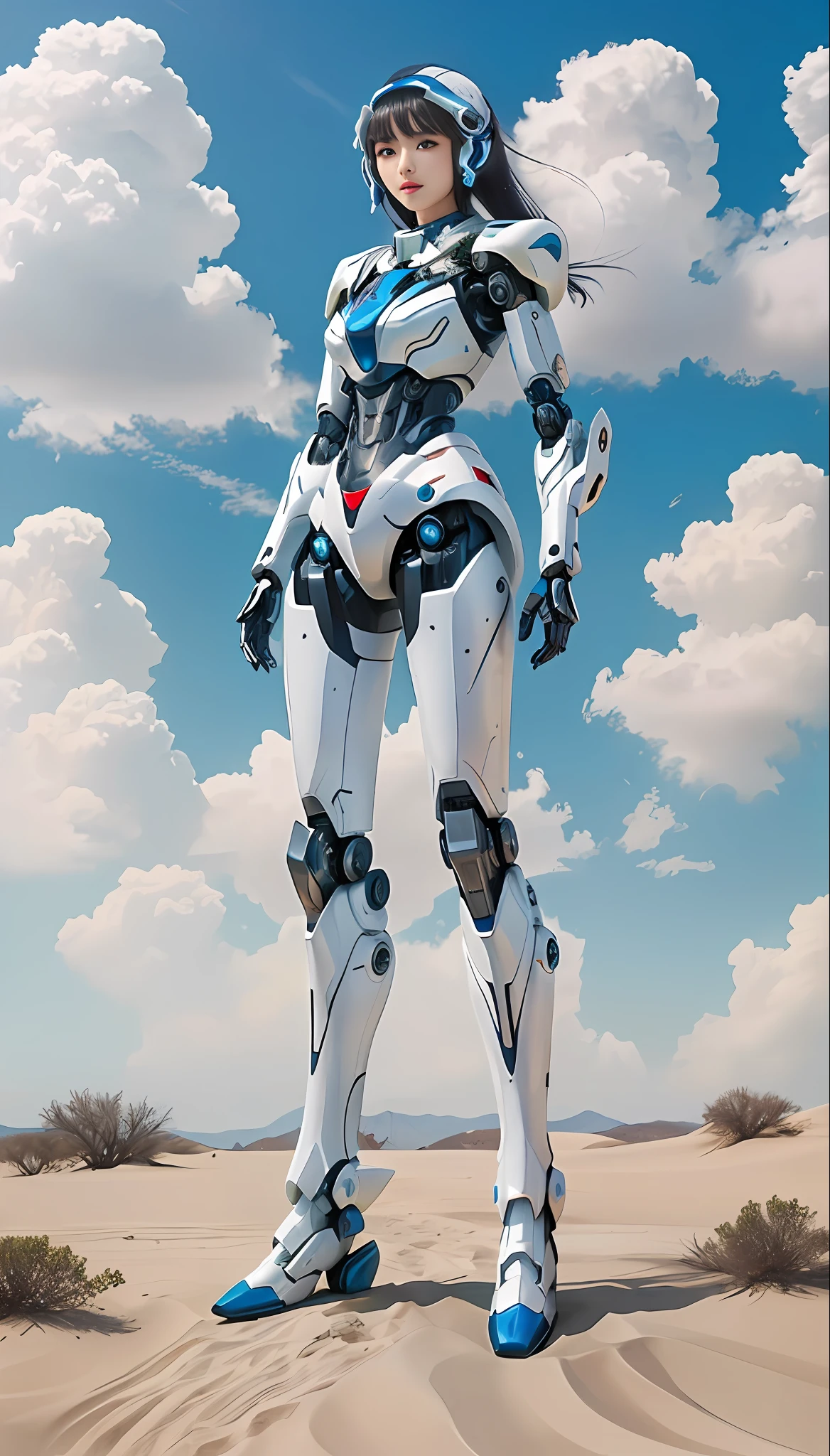 there is a woman in a futuristic suit standing in the desert, painterly humanoid mecha, female mecha, girl in mecha cyber armor, anime robotic mixed with organic, cyborg goddess in cosmos, Beautiful robot character design, Mecha suit, Cute cyborg girl, ferra white mecha, in white futuristic armor, mecha asthetic