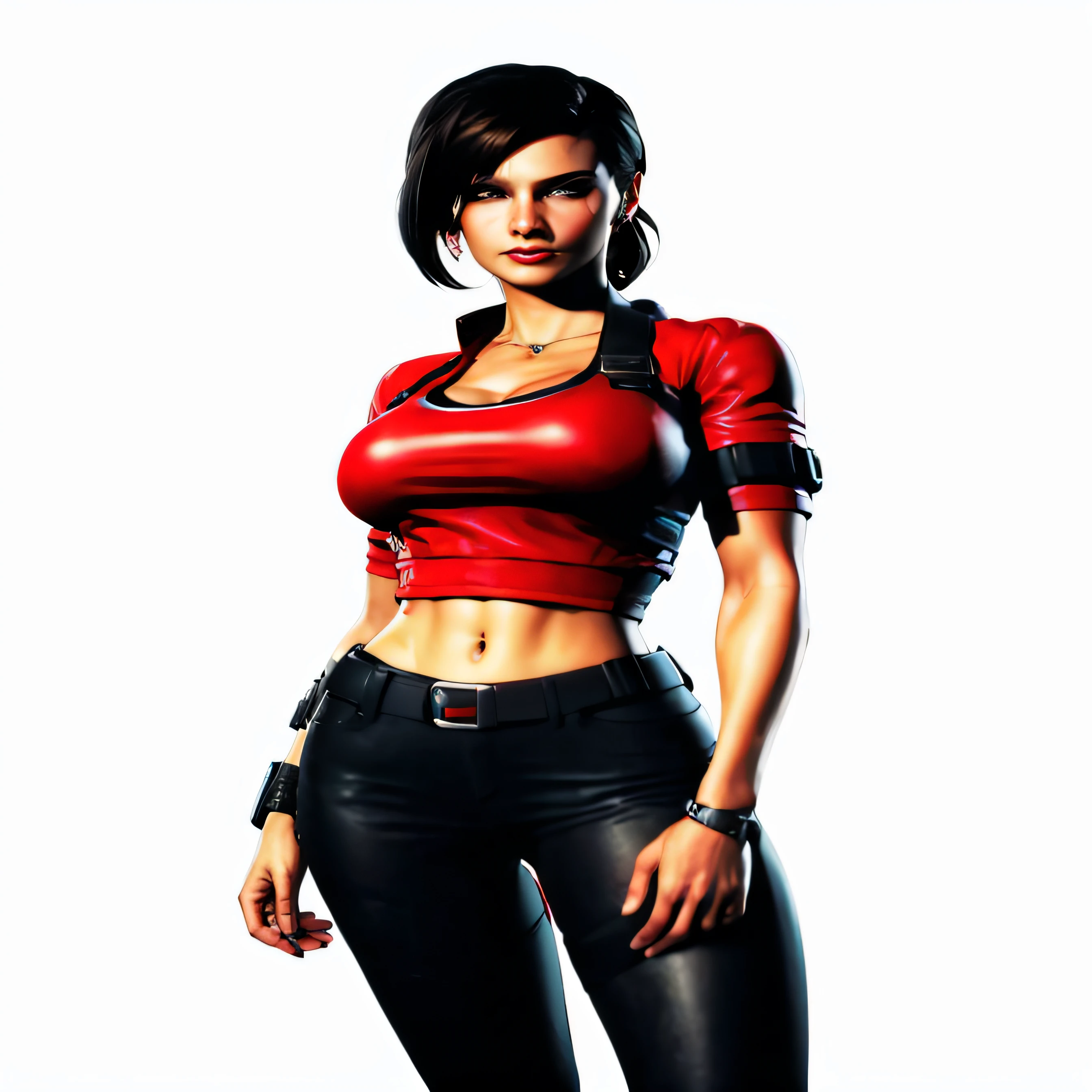 a close up of a woman in a red top and black pants, Tifa Lockhart, Retrato de Tifa Lockhart, Lara Croft como Mulher-Aranha, Retrato de Tifa Lockhart, Tifa Lockheart glamourosa, Tifa lockheart, Tifa, Retrato sedutor de Tifa Lockhart, Retrato de Lara Croft, Lara Croft, suor muscular Lara Croft, Chell, video game character