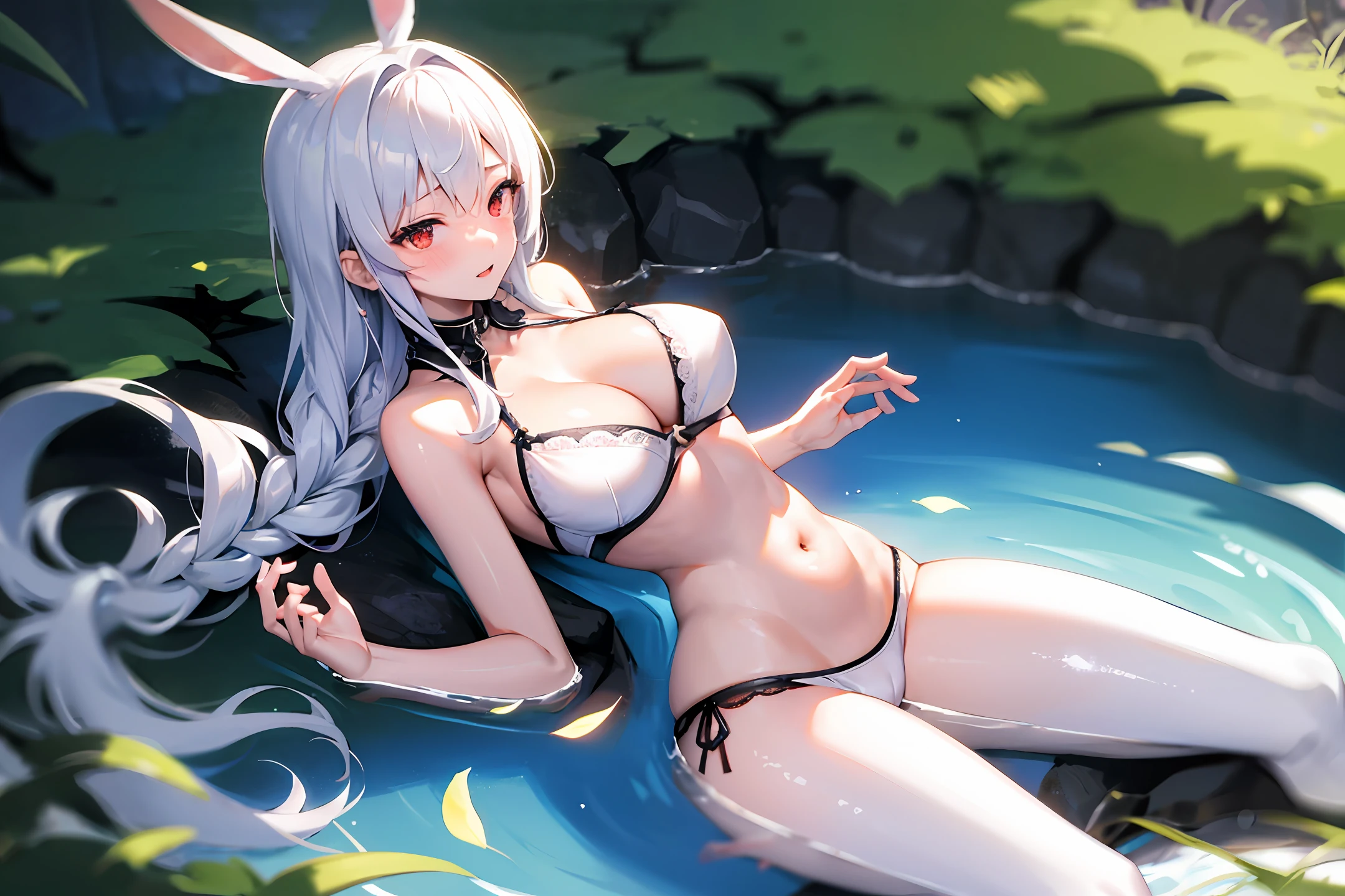 ​masterpiece, top-quality, The ultra -The high-definition, Top resolution, ighly detailed, pretty skin, animesque, Flipping panties with your hands, Flipping up a bra with your hands, Pulling clothes with your hands, full bodyesbian, nudde, A slender, a very cute, Young face,  red eyes, semi long hair, Silver Hair, Braided hair, lie on one's side, wide-open legs, Raised leg, Flipping clothes by hand, Twisting Clothes With Hands, White costume, bunnygirl, Wet clothes、a wet body、Thin-skinned clothing、clothes with visible chest tips、perspiring、Breast protruding from clothes、Clothes that show through the tummy、Under the breasts、embarrassed from、red blush、show off、cleavage of the breast、crotch shows through、areola showing through、The pubic area is open、is open、Pubic area visible、Vaginal launch、insertion、White liquid、huge tit、Twin-tailed、ahe face、Minilla