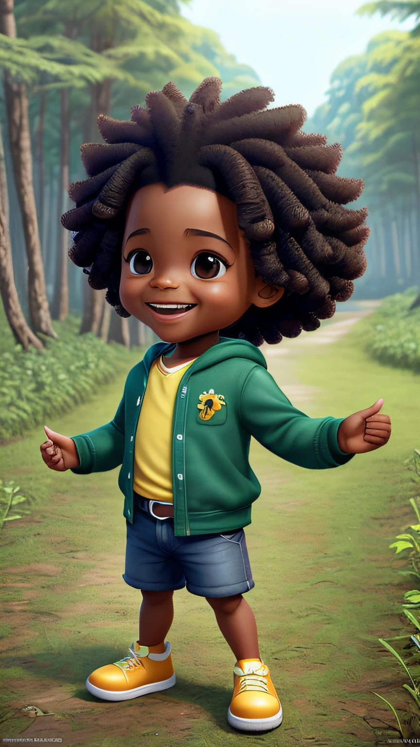 3D cartoon character holding a bird in a forest, negro, 4 anos de idade, corpo inteiro, (afetos faciais detalhados)(((baby))), (Various poses and expressions) , como um personagem pixar, cute child, cabelo afro, grace and blessing, (((sorriso bonito))), renderizado em irreal, imagem promocional do filme, imagem renderizada