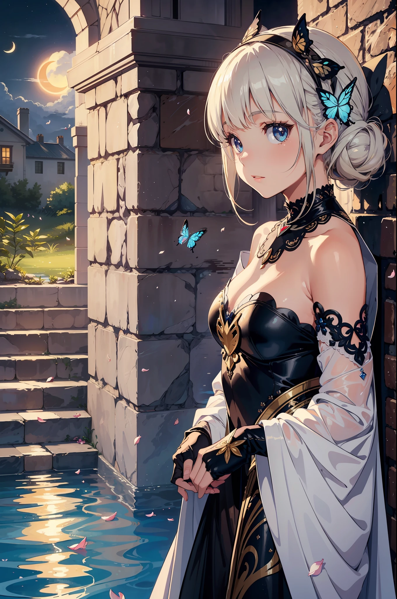 masterpiece, best quality, extremely detailed CG unity 8k wallpaper, Volumetric Lighting, Best Shadows, best Depth of Field, 1girl, solo, blonde hair, long hair, half updo, silver magic robe, black tunic, hair ornament, heart, diamond hairband, holding, balance scale, fingerless gloves, Stunningly Beautiful Girl,(delicate eyes), (ignorant face) , looking at viewer, stepping into the pool, stone stairs, wading pool, riverbank, flowery, butterflies, ((flying petal)), (crescent moon), moonlight, potted plant, night,
