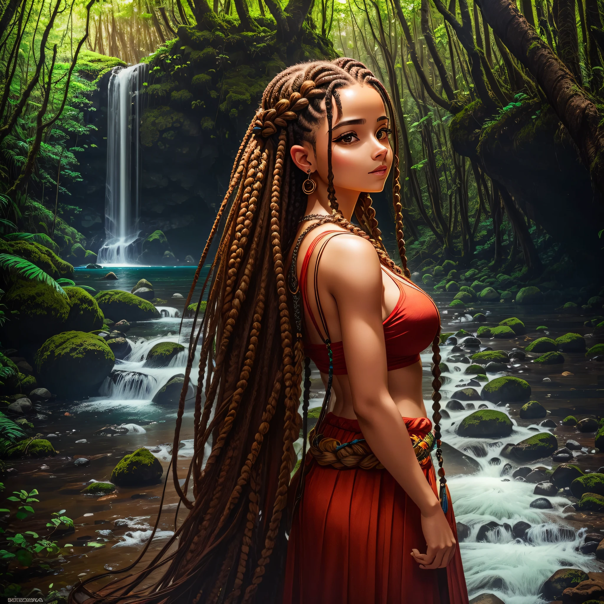 uma mulher com uma vibe boa, na natureza, with braided hair, seios grandes --auto