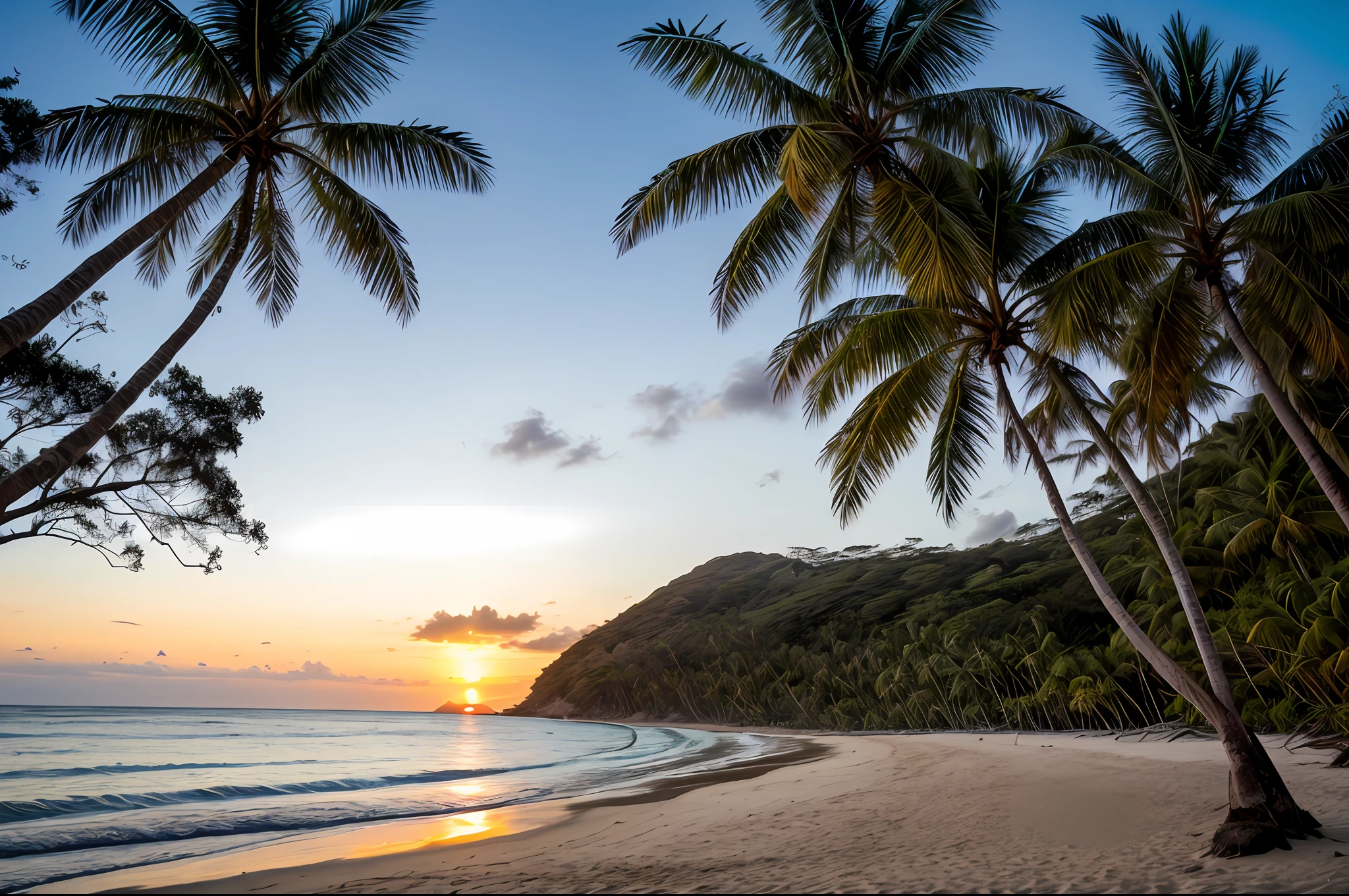 rcnz_style_V3，rcnz_HQR style RAW photos，beachside，coconut palms，the setting sun