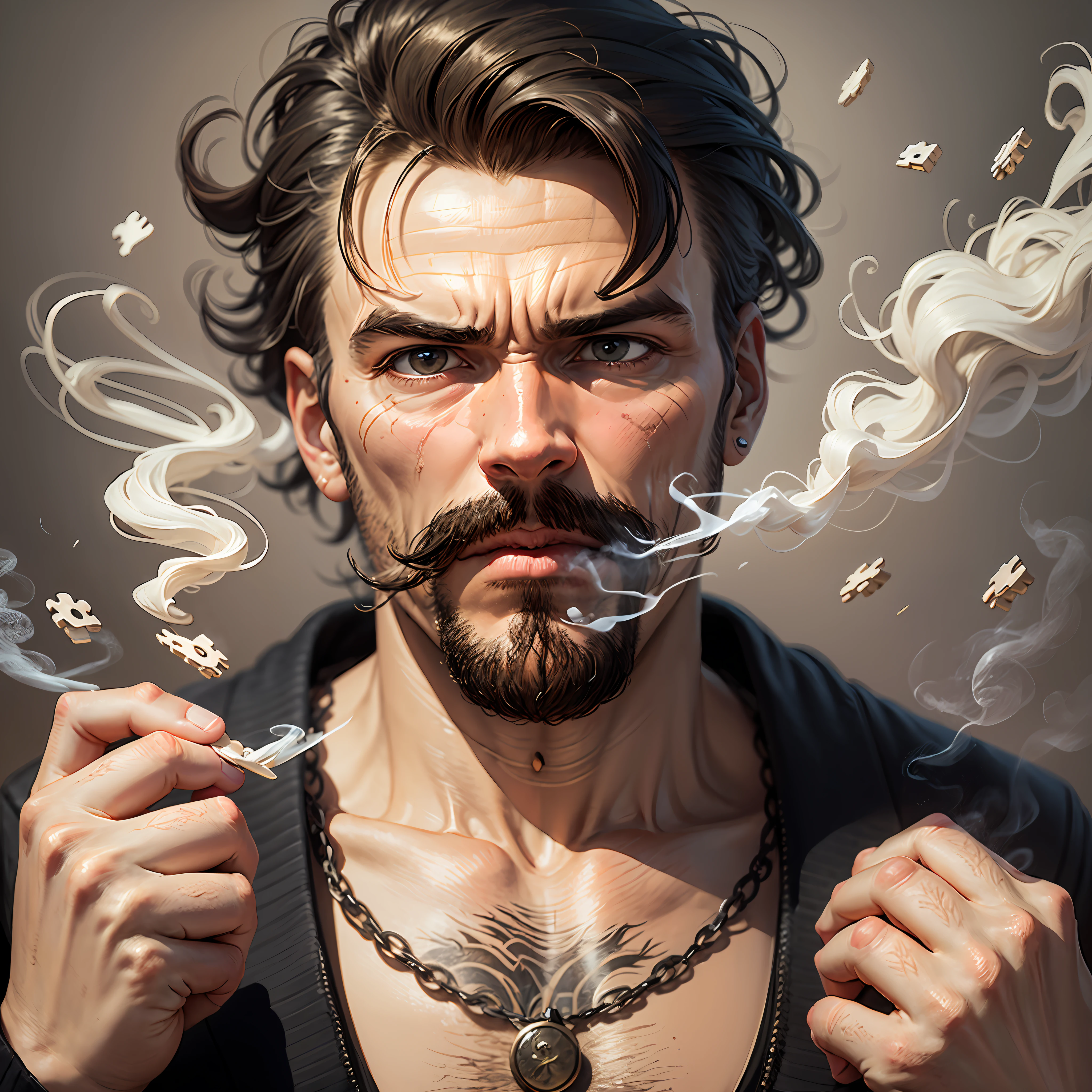 Nietzsche Smoke, Chuva, bigode e bravura. He can solve any puzzle. But he can't overcome his inner demons. Expressiva pintura escura fosca guche. --auto --s2