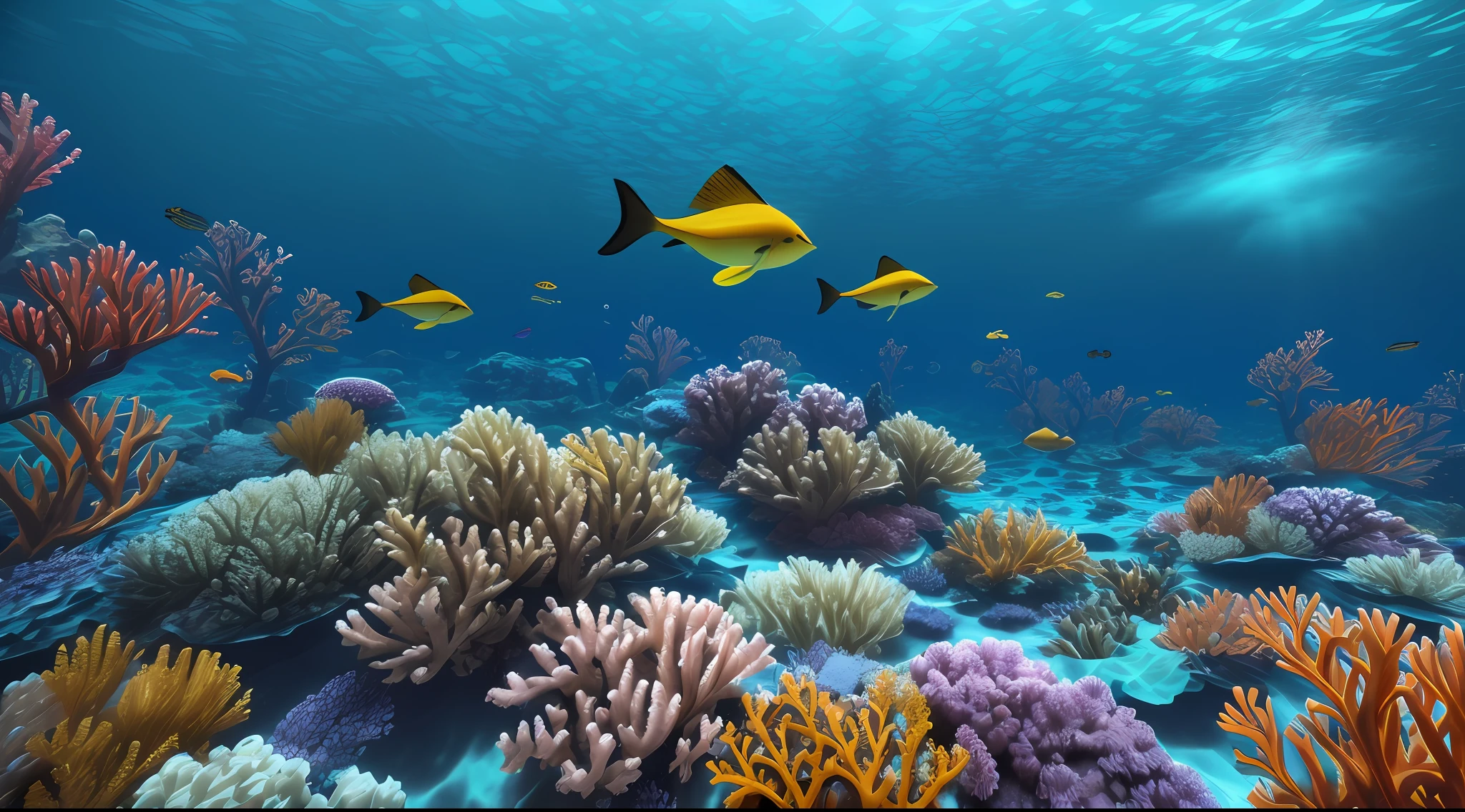A low polygon style, vibrant, sun-drenched underwater paradise, with a kaleidoscope of coral, rocks, and shimmering caustics dancing across the sandy seafloor.