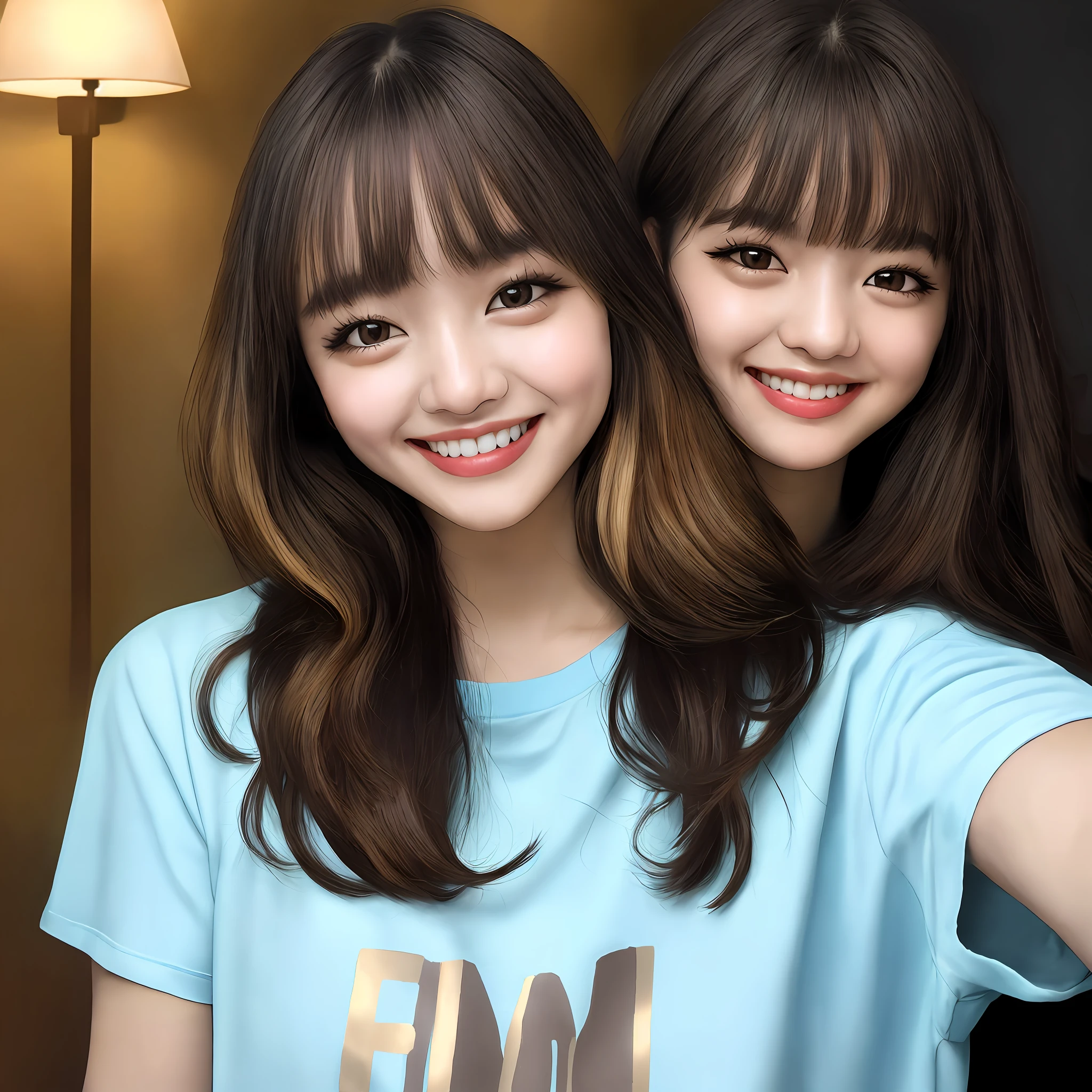 t-shirt, (detailed eyes:0.8), (looking at the camera:1.4), (highest quality), (best shadow), brown eyes, rim lighting, two tone lighting, dimly lit, low key, intricate details, interior, , swept bangs, open mouth:0.7,smile,