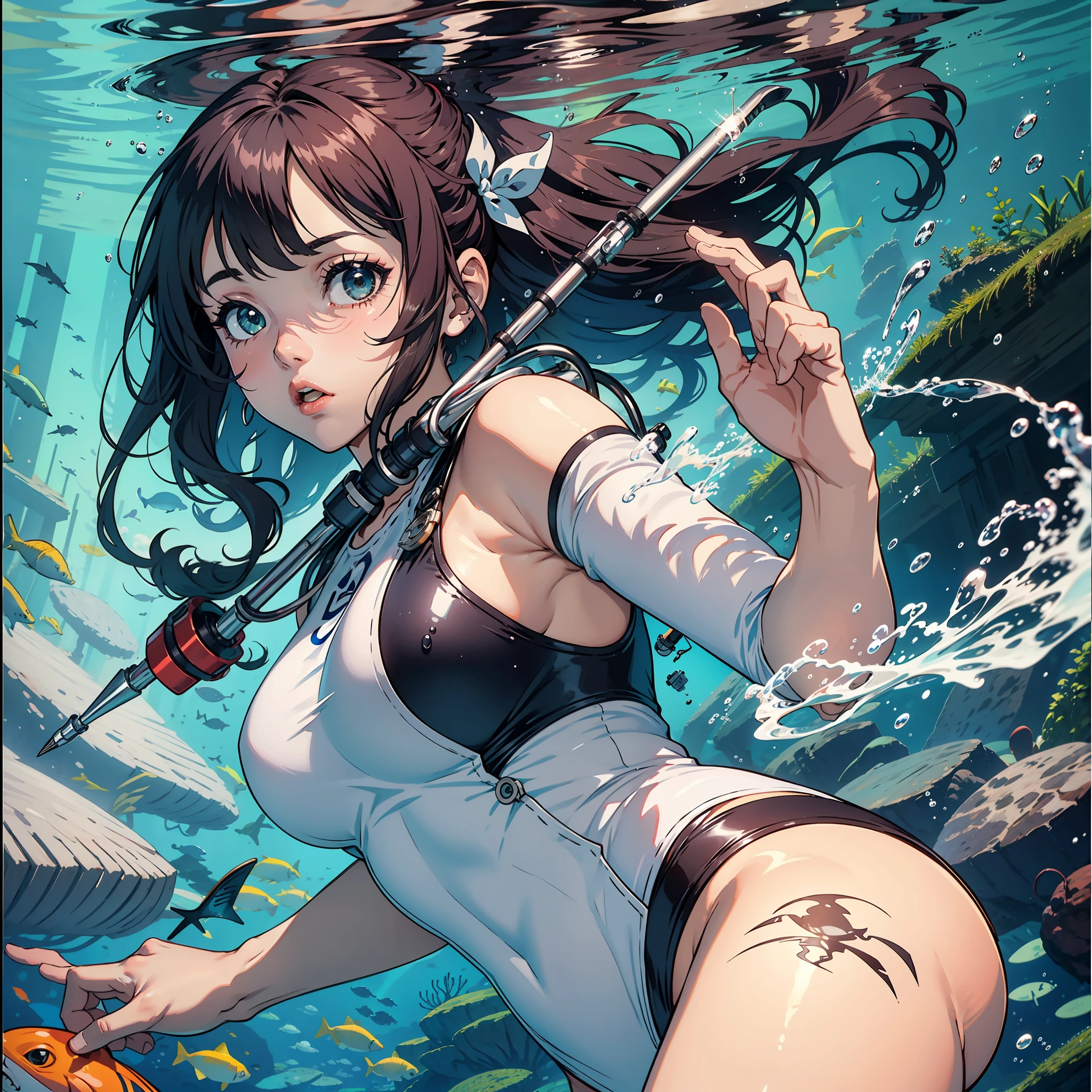 Diver using harpoon underwater, lona de linho, Rosto detalhado, gordinha