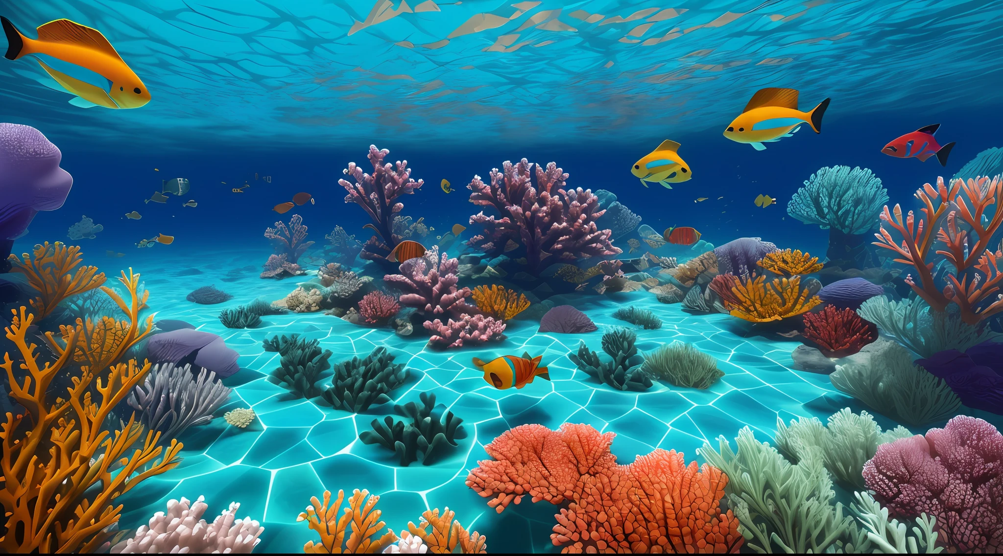 A low polygon style, vibrant, sun-drenched underwater paradise, with a kaleidoscope of coral, rocks, and shimmering caustics dancing across the sandy seafloor.