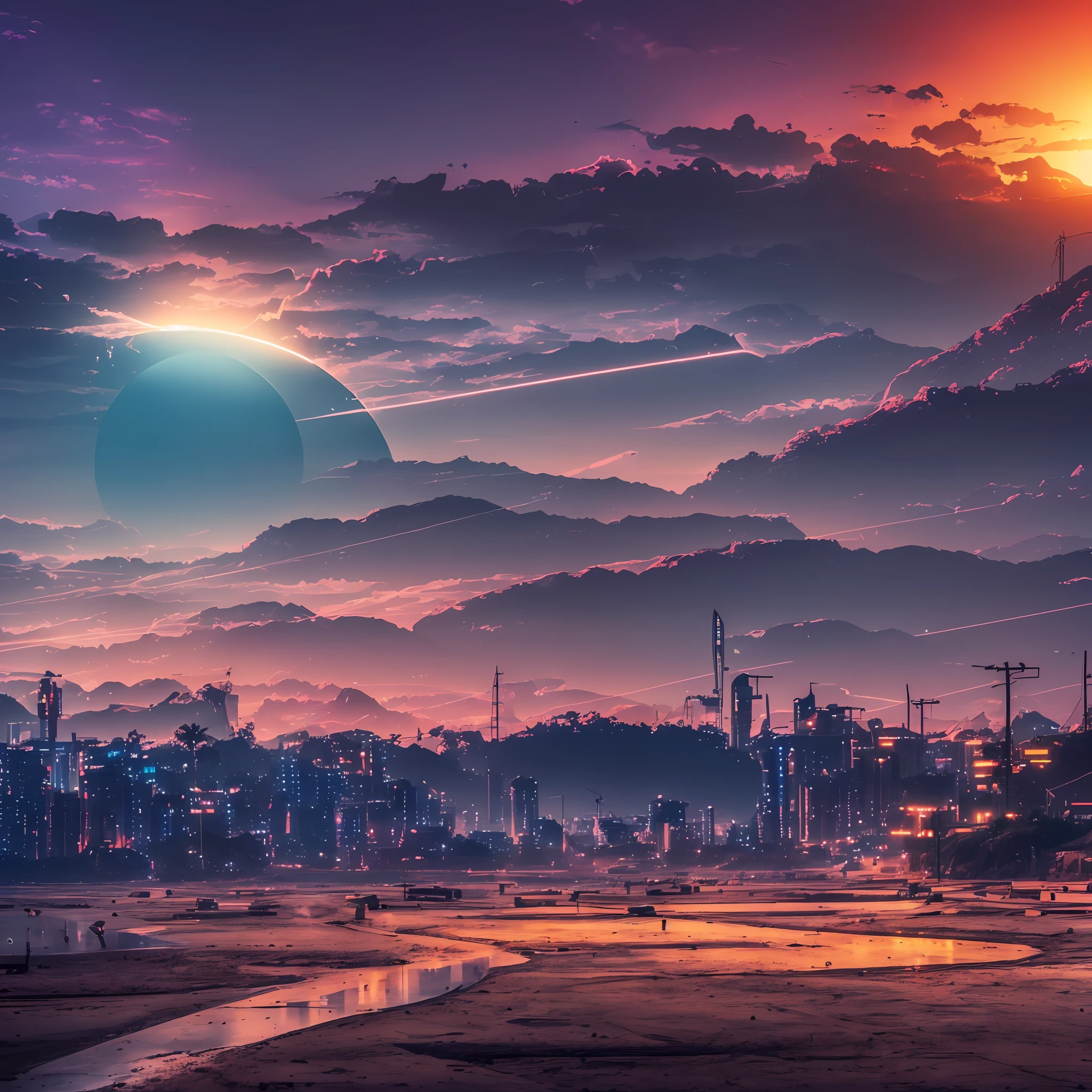 ((wide vision)), (((terreno baldio))), (ruas quebradas), (((planetas))), (luz fraca), (ponte quebrada), steel bars, (((eclipses))), linhas de energia espalhadas, electric sparks, Ragged future vehicles, Dumps, ((stagnant water on the beach)), rochas, ((ervas daninhas densas)), (dense smoke of dust), ((ruined neon lights)), nuvens espessas, ((vista noturna)), alta qualidade, (super nice) , (luz detalhada), detalhado, preciso, 16k resolution, obras-mestre, (cinematic lighthing), (Estilo cyberpunk), dynamic perspective, perfect dynamic brightness, vindima, Sem humanos, luzes intensas, Perfect Lighting Specialist, tardezinha, detalhados perfeitos, wallpaper, ser mega-colossal visto de longe, Explosions, --auto