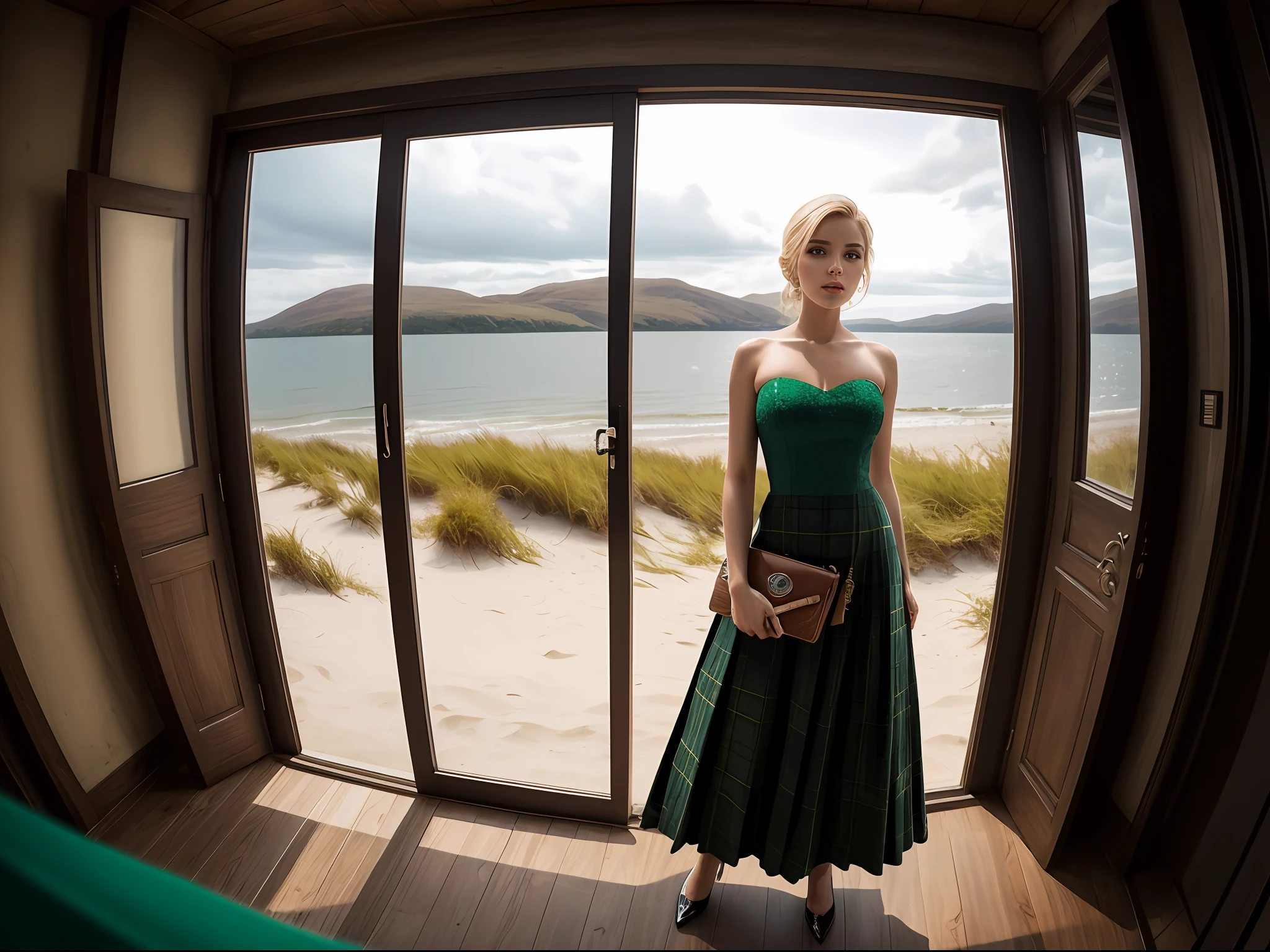 deep shadow, sinister, award winning photo, best quality, masterpiece, upper body, woman, freckled face, windblown blonde hair, emerald eyes, modern strapless dress  by Jeremy Lipking, by Antonio J. Manzanedo, by lee jeffries nikon d850 film stock photograph 4 kodak portra 400 camera f1.6 lens rich colors hyper realistic lifelike texture dramatic lighting unreal engine trending on artstation cinestill 800, fisheye lens, Style-Kilt, windy beach, scottish loch, forest --auto