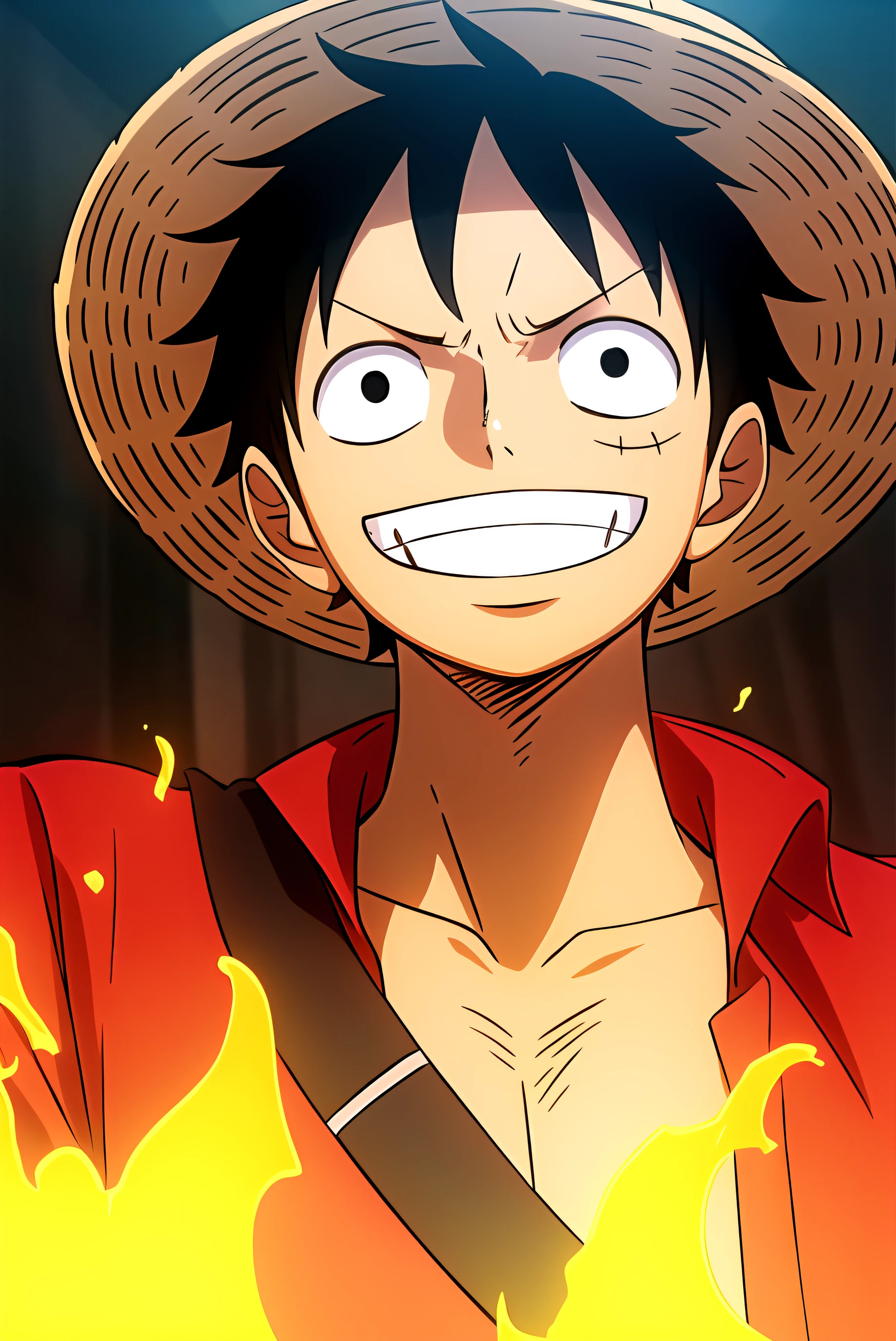 1boy, wanostyle, monkey d luffy, smiling, straw hat, looking at viewer, solo, upper body, ((masterpiece)), (best quality), (extremely detailed), depth of field, sketch, dark intense shadows, sharp focus, soft lighting, hdr, colorful, good composition, fire all around, spectacular, closed shirt, anime screencap, scar under eye, ready to fight, black eyes