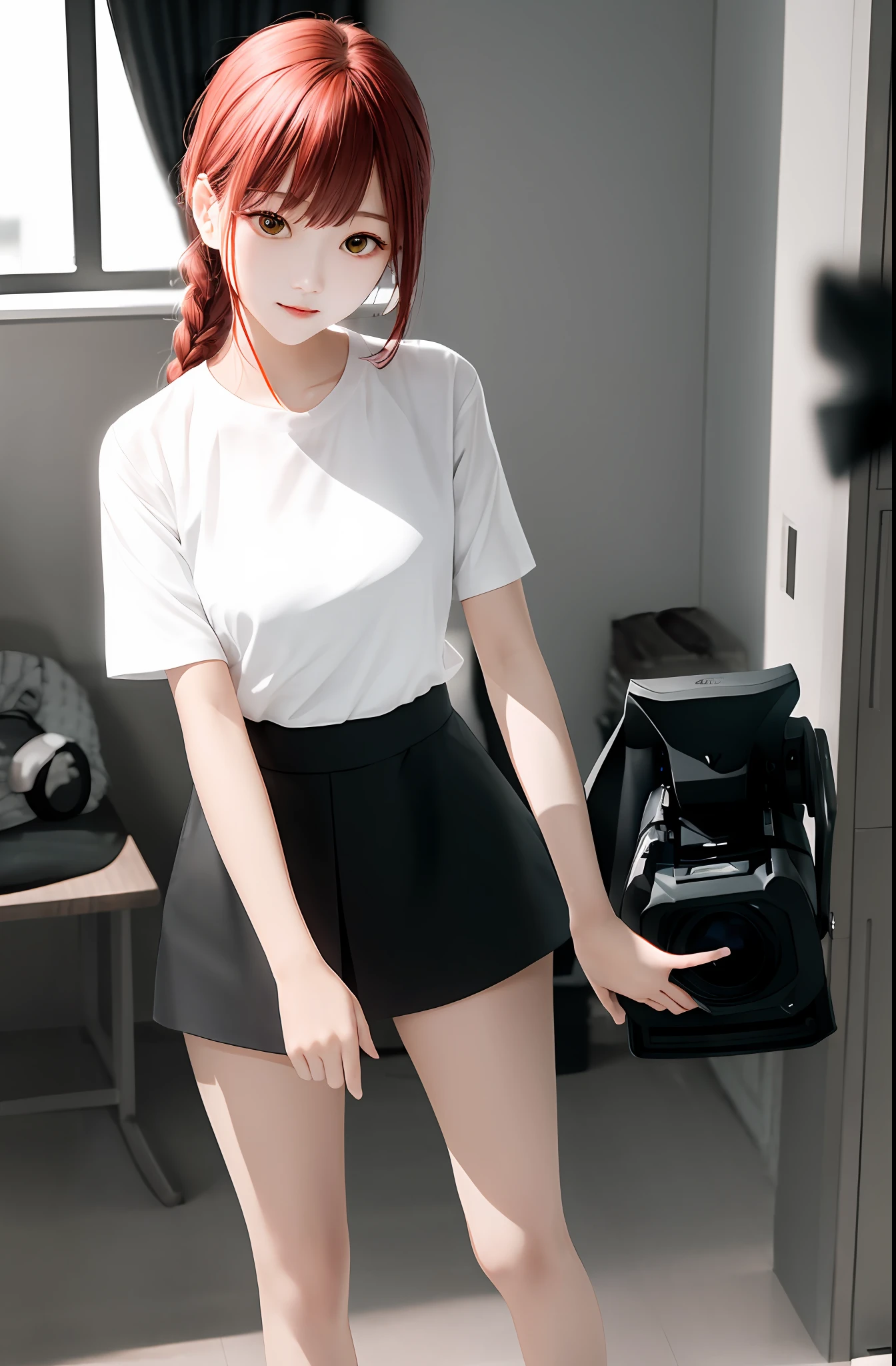 tmasterpiece,(真实感:1.4),best qualtiy,beautiful light up,(ulzzang-6500:0.5),makima \(chainsawman\),(red hair)+(long braid)+(By bangs),Yellow eyes,Golden eyes, ((eye socket)), (white shirt), (tiese), RAW photos, 8k uhd, filmgrain,Wear short stockings on the calf,standing on your feet,The movements are natural,真实感