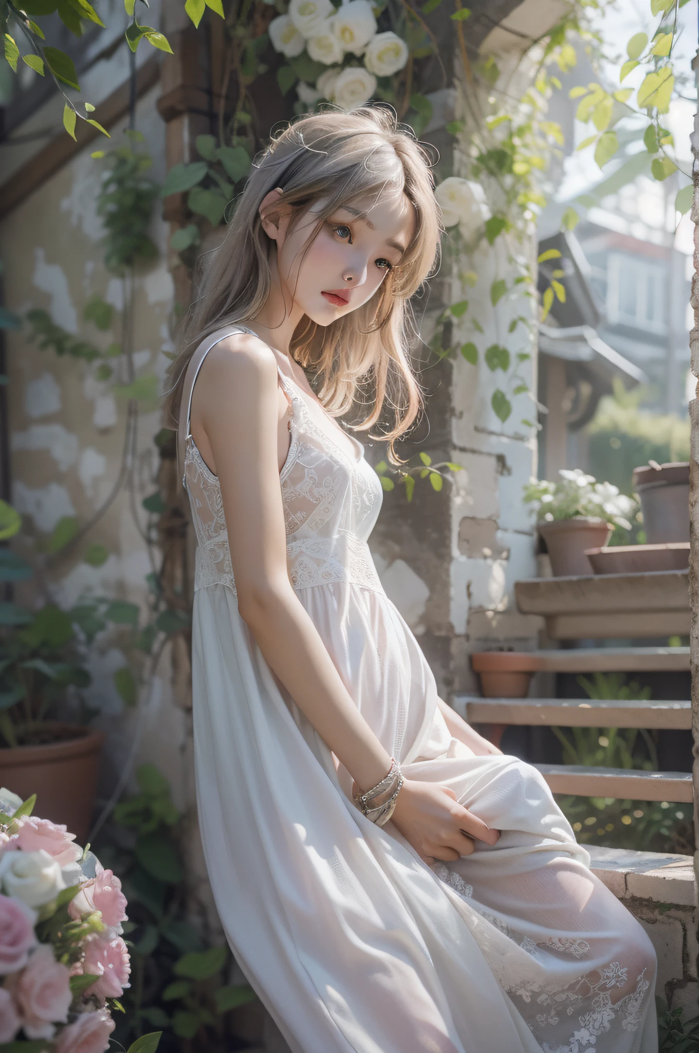 best qualtiy，tmasterpiece，超高分辨率，（真实感：1.4），RAW photogr，1girl，white dresses，hand behind head，cropped shoulders