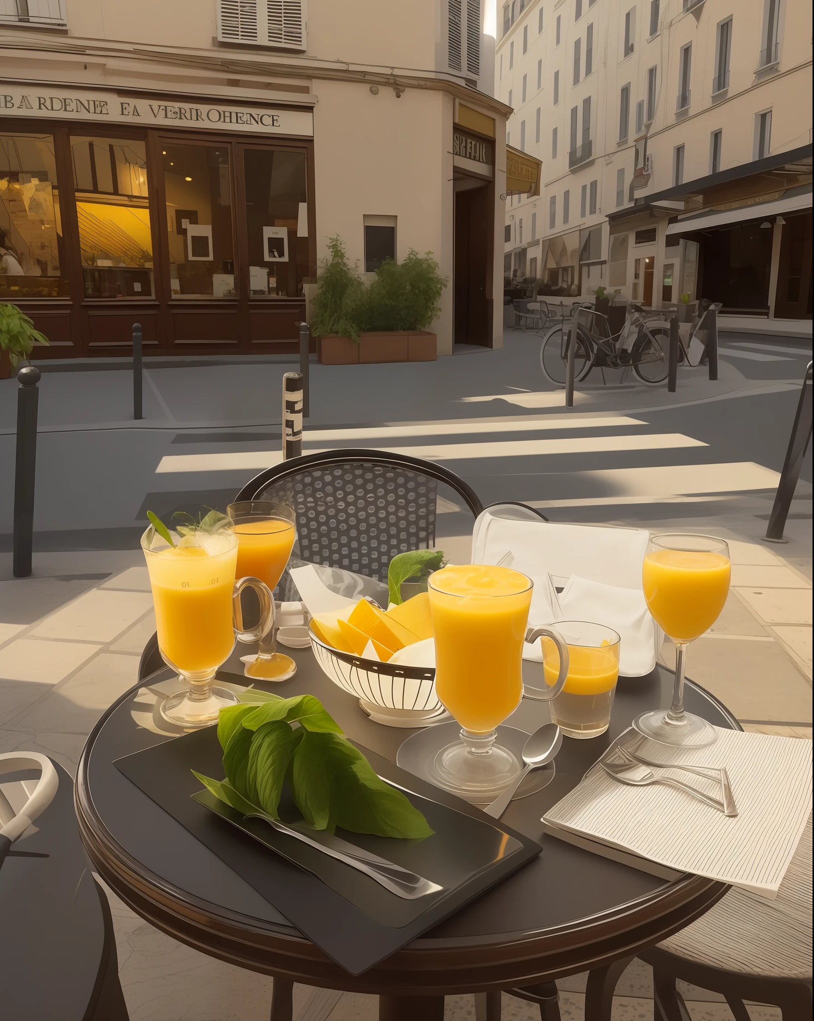 There is a table with a plate of food and a glass of orange juice, Directed by: Raphaël Collin, Directed by: Henriette Grindat, by Barthélemy Men, city morning, beautiful morning, Directed by: Tom Wänerstrand, morning, summer morning, atmosfera matinal, estilo de vida, tarde da noite, Inside a French café, nice composition, France