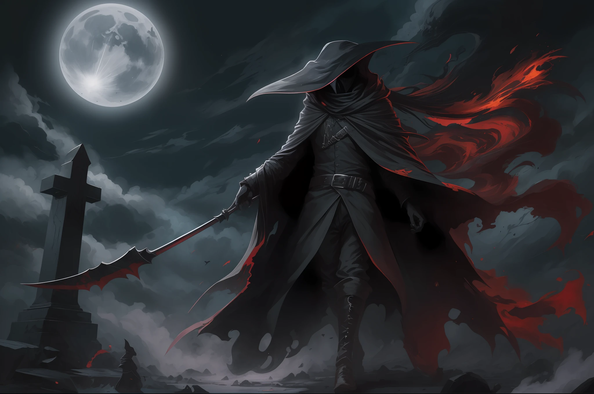 "(masterpiece), best illustration, ultra-detailed, dark fantasy, Izuku Midoriya as the grim reaper, plague doctor's clothes, scythe, crimson moonlight, cementary, high contrast, dramatic lighting."