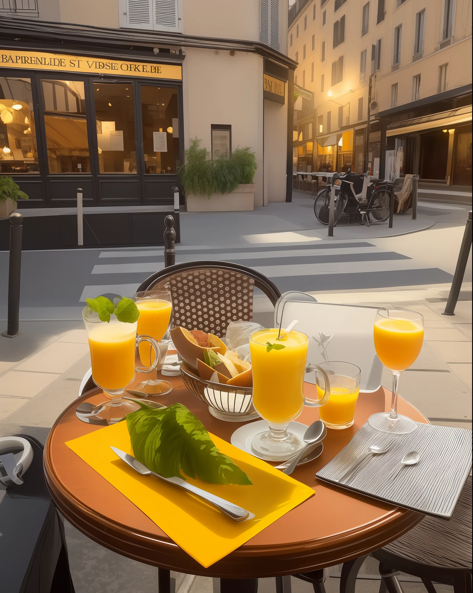 There is a table with a plate of food and a glass of orange juice, Directed by: Raphaël Collin, Directed by: Henriette Grindat, by Barthélemy Men, city morning, beautiful morning, Directed by: Tom Wänerstrand, morning, summer morning, atmosfera matinal, estilo de vida, tarde da noite, Inside a French café, nice composition, France