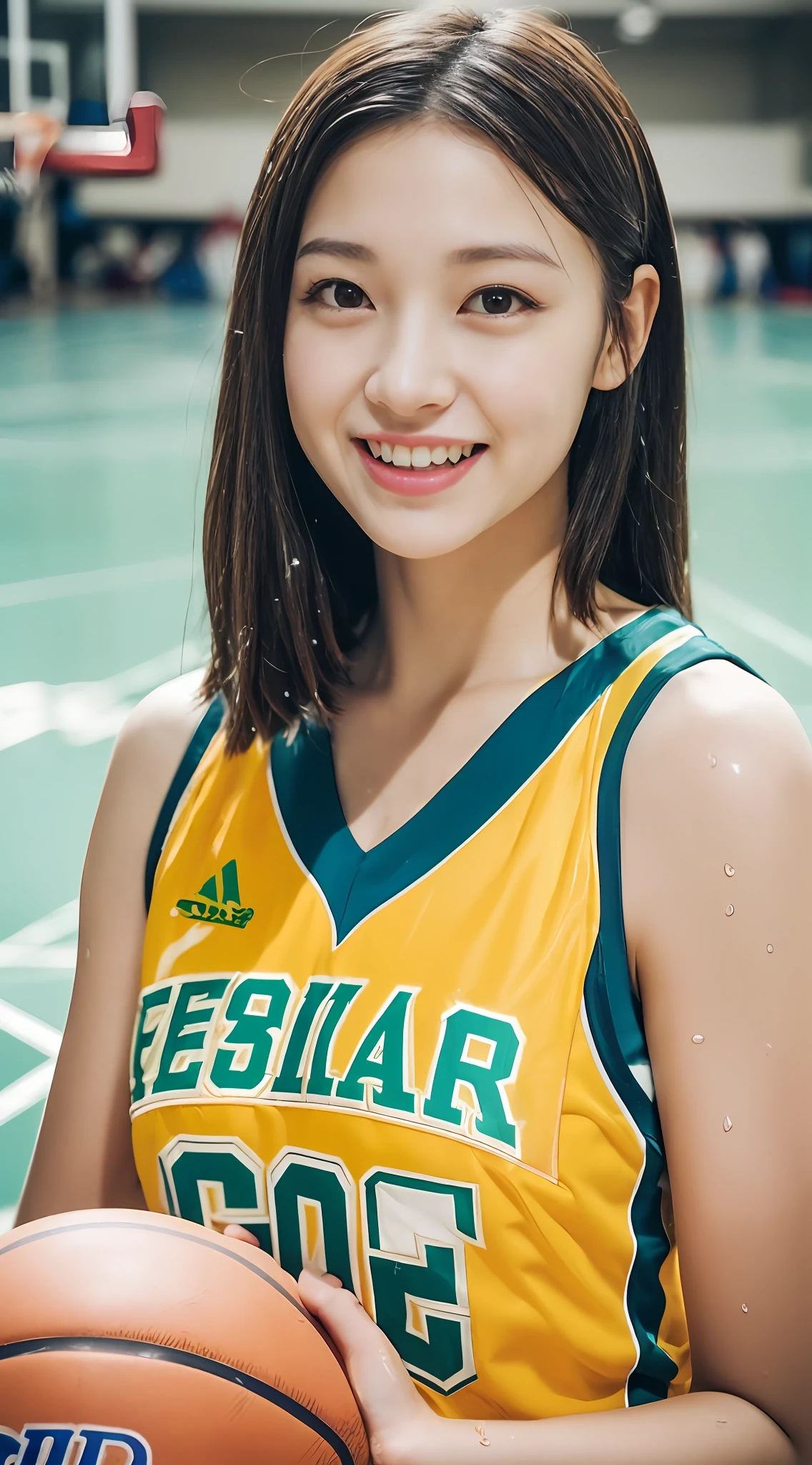 (4K、top-quality)、(realisitic、Photorealsitic)、
1girl in、独奏、(full body Esbian:1.5)、Push the basketball aside、Basketball Uniforms、Indoor basketball court、(Shorthair:1.3)、(wetting hair:1.3)、(Sweat on the face:1.2)、(wetted skin:1.2)、A smile、
perfect hand、finerly detailed face、20yr old、
