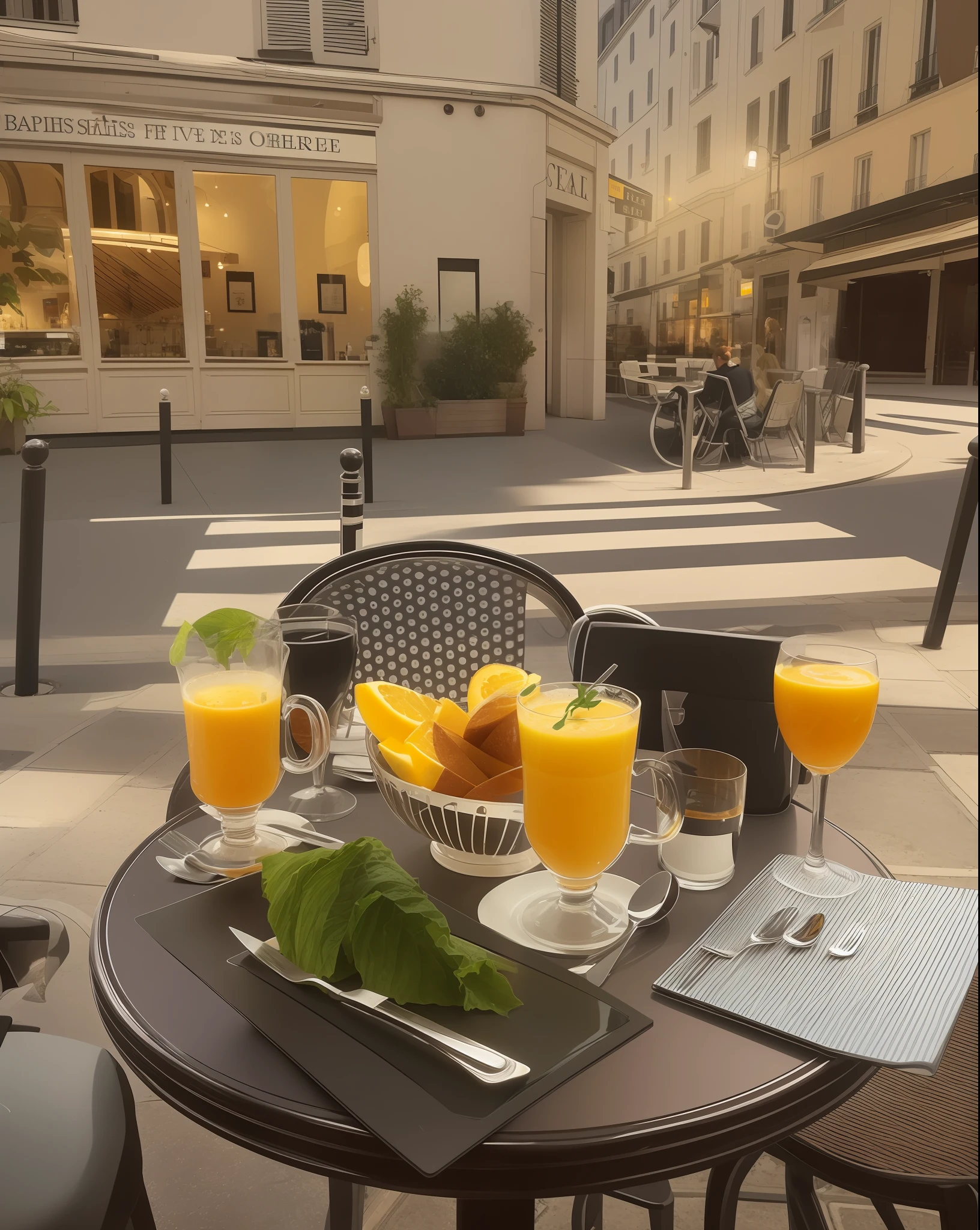 There is a table with a plate of food and a glass of orange juice, Directed by: Raphaël Collin, Directed by: Henriette Grindat, by Barthélemy Men, city morning, beautiful morning, Directed by: Tom Wänerstrand, morning, summer morning, atmosfera matinal, estilo de vida, tarde da noite, Inside a French café, nice composition, France