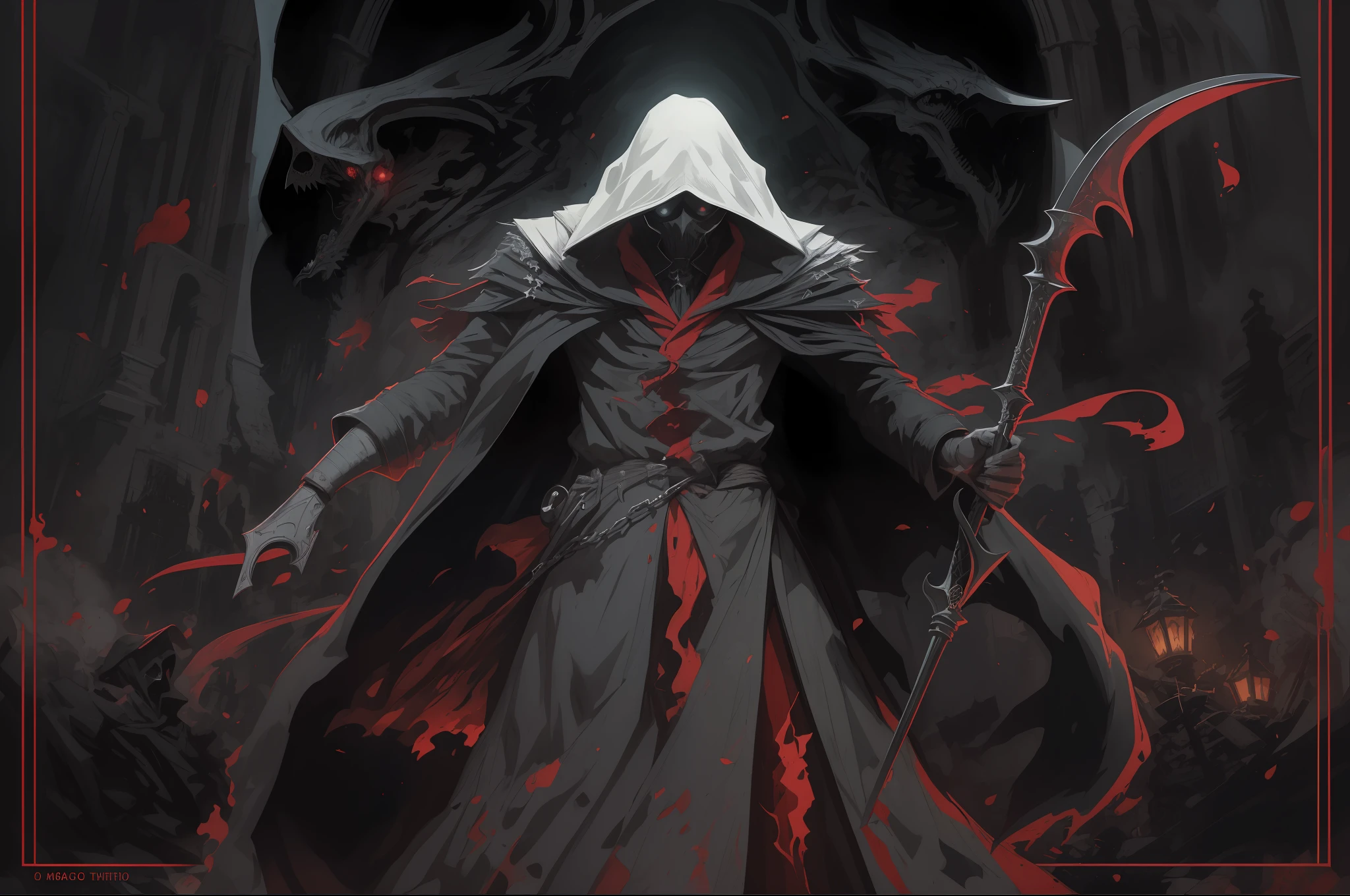 "(masterpiece), best illustration, ultra-detailed, dark fantasy, Izuku Midoriya as the grim reaper, plague doctor's clothes, scythe, crimson moonlight, cementary, high contrast, dramatic lighting."