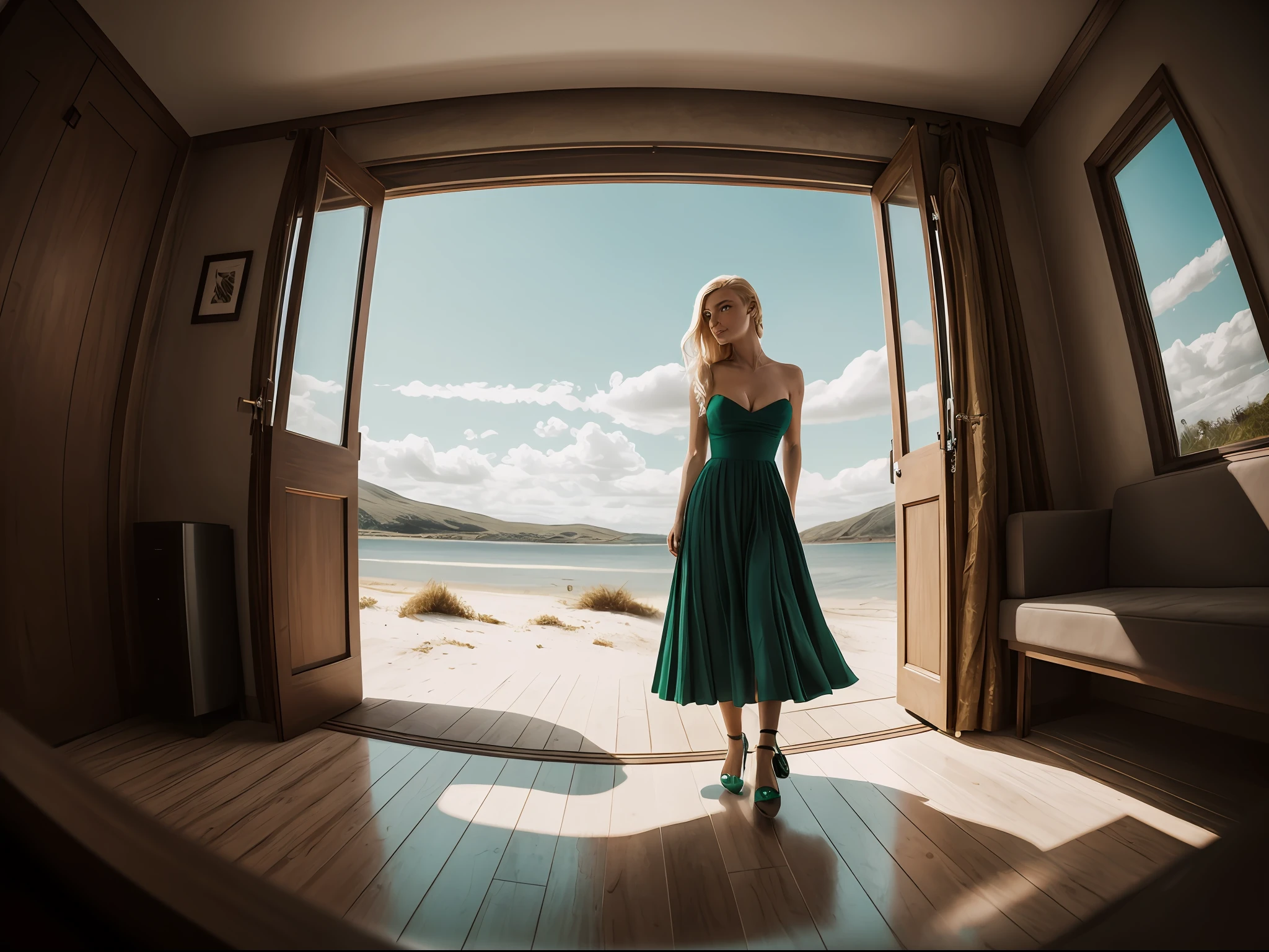 deep shadow, sinister, award winning photo, best quality, masterpiece, upper body, woman, freckled face, windblown blonde hair, emerald eyes, modern strapless dress by Jeremy Lipking, by Antonio J. Manzanedo, by lee jeffries nikon d850 film stock photograph 4 kodak portra 400 camera f1.6 lens rich colors hyper realistic lifelike texture dramatic lighting unreal engine trending on artstation cinestill 800, fisheye lens, Style-Kilt, windy beach, scottish loch, forest --auto