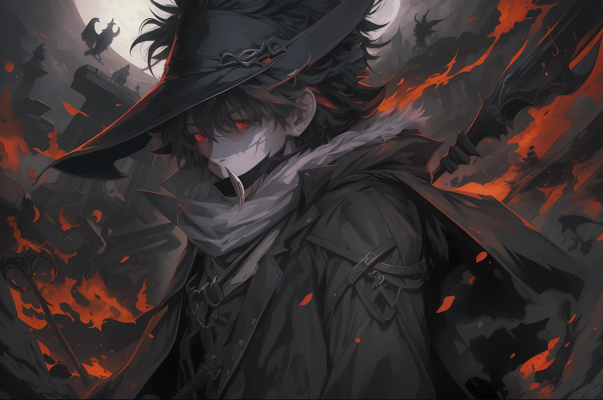 "(masterpiece), best illustration, ultra-detailed, dark fantasy, Izuku Midoriya as the grim reaper, plague doctor's clothes, scythe, crimson moonlight, cementary, high contrast, dramatic lighting."