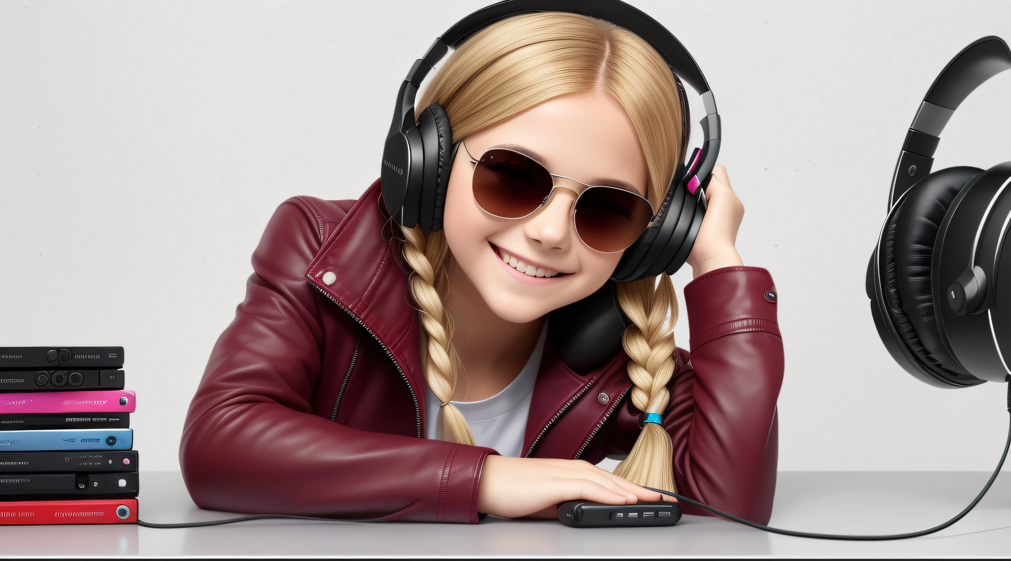 girl 12 years old, long blonde hair of braids,portrait, with headphones and sunglasses, smiling and holding hands up, RED LEATHER JACKET, girl wearing headphones, listening to music, wearing headphones, with headphones, with headphones, wearing a headset, vibrating with music, listening to pious music, Using headphone jack, using headset for gaming, tinnitus, high quality portrait, headphones on, , digital art H 9 6 0,, (white background: 1.3). , A closeup of a CD and a CD box on a table, Packshot, CDs, CD Jacket.