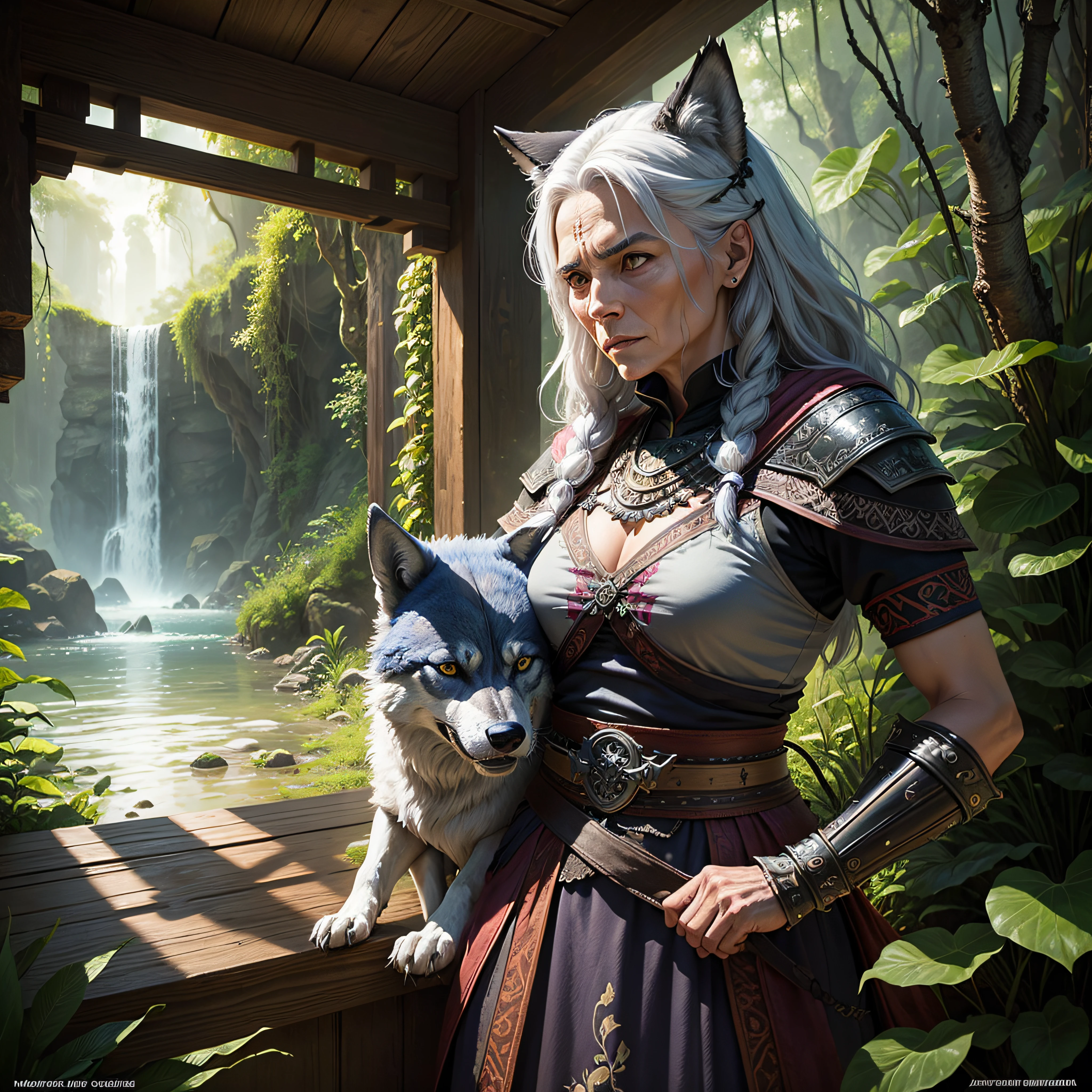 old warrior woman and her wolf, mystic, floral borders, jungles, photorealistic , detailed, cinematic --auto