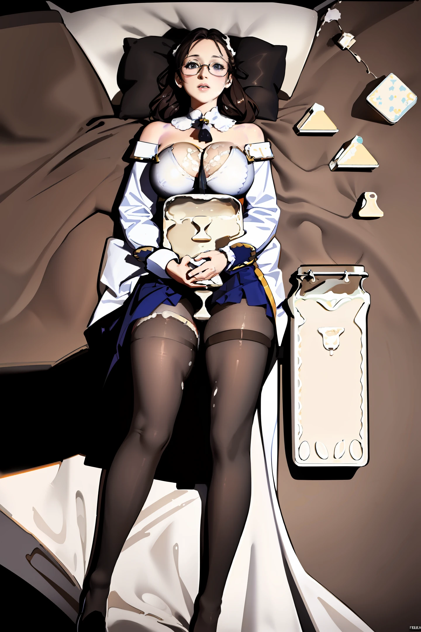 ((Realistic style)),(Best Picture Quality),Meryl Streep,femele,eye glass,Professional suits,deep v big breasts,(black lence stockings),high-heels,(Milk enlargement:1.8),(Both hands are lowered:1),Lying in bed,Lie flat
