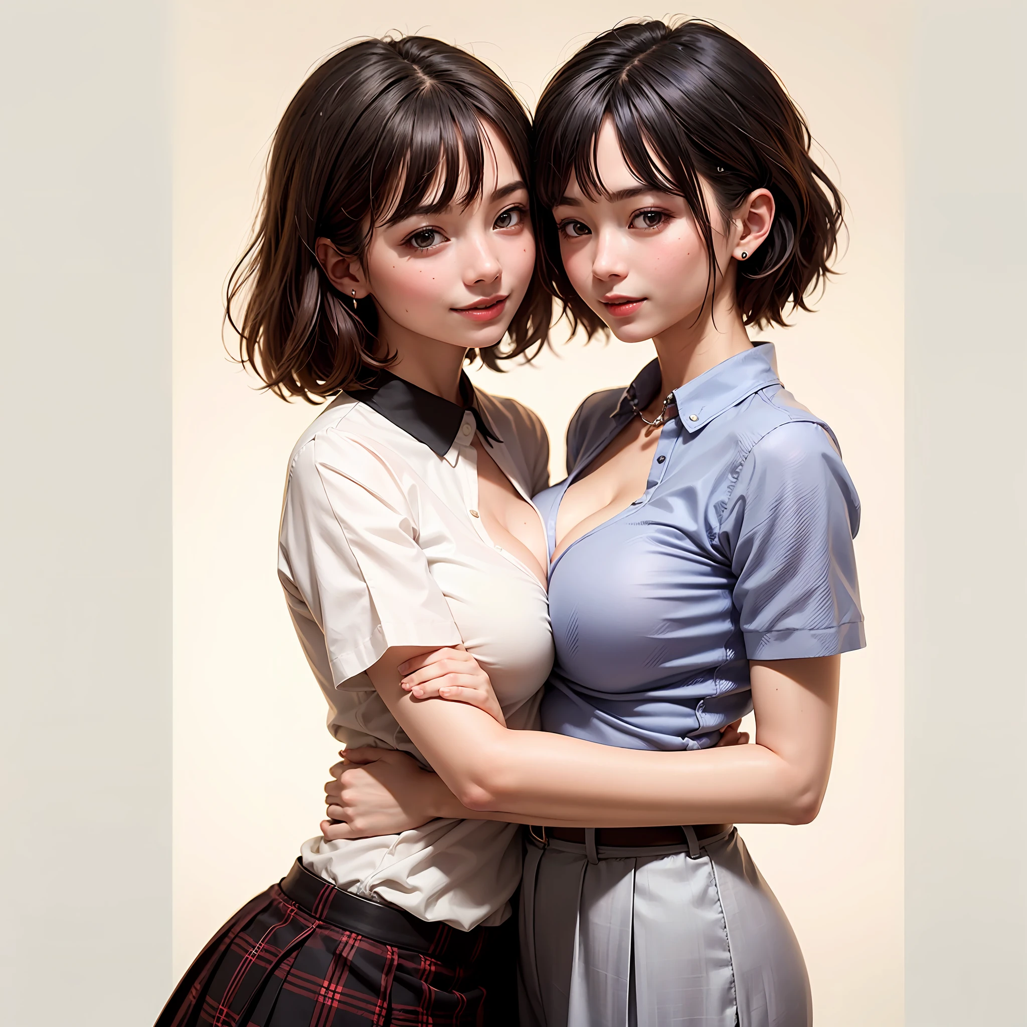 Two people facing each other and hugging happily、Two people hugging each other happily、Two people hugging each other tightly、Both of them stare intently at the camera、Look firmly at the camera、Lesbian couple、Lily couple、((Bring your cheeks together))、Two pretty and pretty girls、masterpiece、top-quality、realisticlying、realisitic、Seductive bright smile、Both of them have short clean hair with bangs、bangss、bangss、Both have short hair、clean hair with bangs、Short sleeve collar shirt with collar、Collared shirt、(Plaid pleated skirt)、enticing eyes、Both have very large breasts、very Bigger breasts、Big ass、big breasts thin waist、(cleavage of the breast)、(Immaculate white background with nothing really)、(24 year old)、ighly detailed、Very tall、neck long、the neck is long、Straighten your back、Put your ears out、Highlights in the eyes、lipgloss、glowy skin、White-colored skin、Clean collarbone、closes mouth、Close your mouth and smile、Happily、Nice proportions、lovely、Charming and endearing、Colorful random collar shirt、Colorful random color skirt、Do not add shadows、No shadows