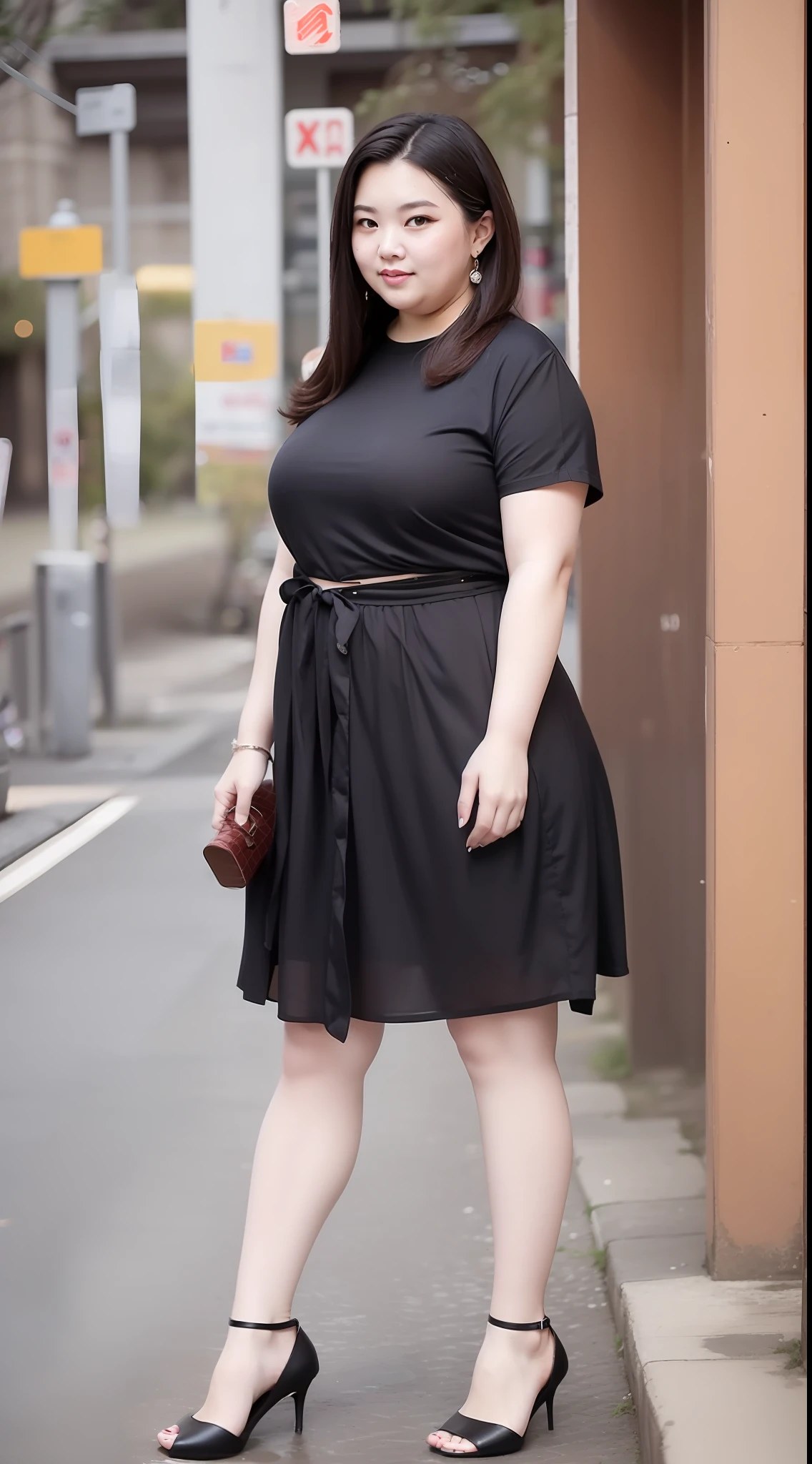 Photography of fat plus-size beauty by the sea，short- sleeved＋short  skirt，red high heel pumps，（（（Take full-body photos on the street））），180cm tall，Long legs，The legs are thick，Low angle photographic composition，Conservative and unexposed