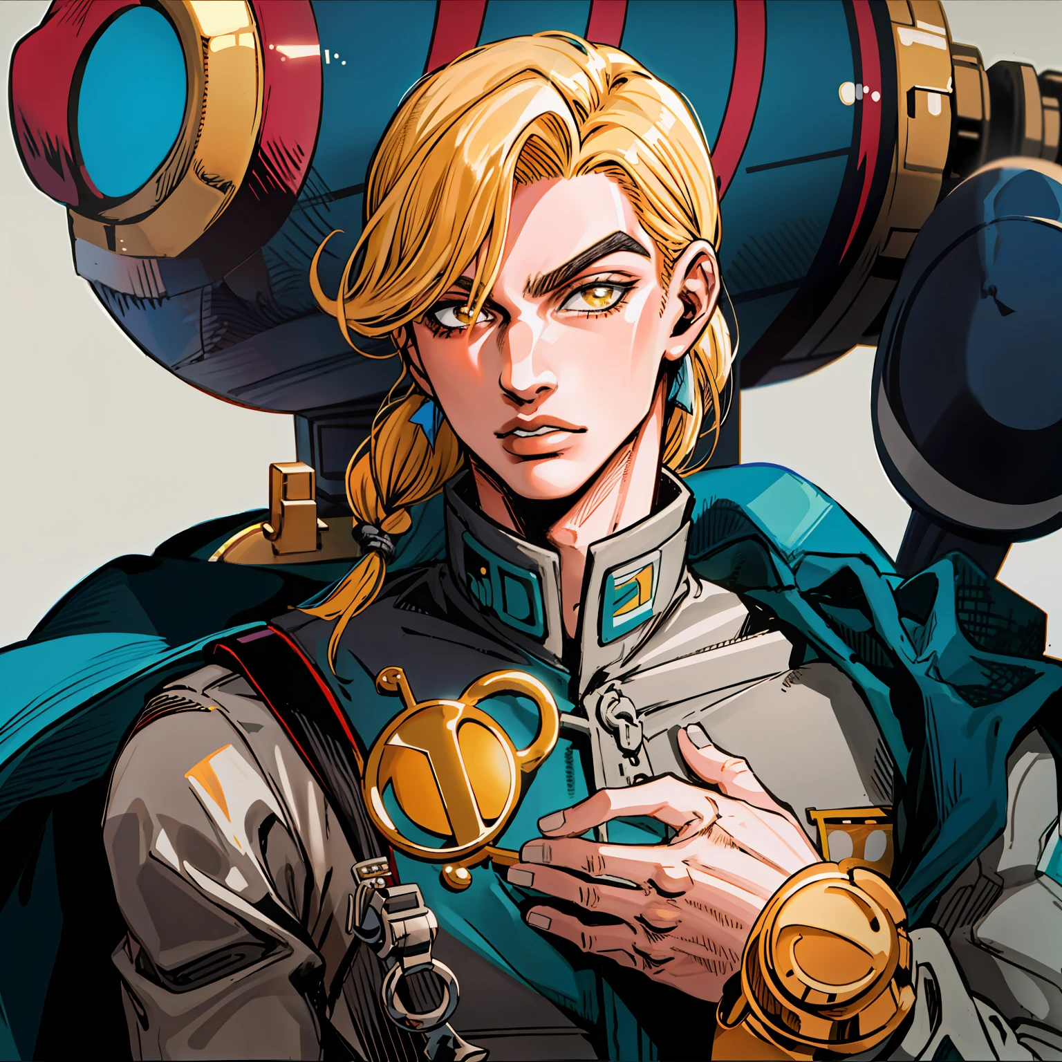 ouro, ((foco apenas)), Closeup, ((Arakistyle)) ((vestir)), usando terno preto, mid hair, Homem, split lips, Posando, Johan Liebert, Keicho Nijimura, Jojo:0.9, illustration, arte linear, bold coloration, obra-prima, Manga art, melhor qualidade, digitisation, tons de cor, illustration, anime, Simple coloring, fundo preto plano,